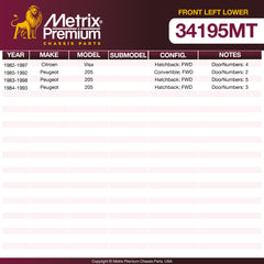 Metrix Premium Chassis Parts Front Left Lower Control Arm and Ball Joint Assembly 34195MT OEM fit auto parts