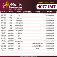 Metrix Premium Front Left Lower Control Arm and Ball Joint Assembly 40771MT OEM fit spare parts