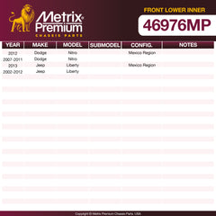 Metrix Premium Chassis Parts Front Lower Inner Control Arm Bushing Kit 46976MP OEM fit auto parts