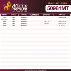 Metrix Premium Front Left Lower Control Arm and Ball Joint Assembly 50981MT OEM fit spare parts
