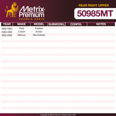 Metrix Premium Chassis Parts Rear Right Upper Control Arm and Ball Joint Assembly 50985MT OEM fit auto parts