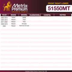 Metrix Premium Chassis Parts Front Right Lower Control Arm and Ball Joint Assembly 51550MT OEM fit auto parts