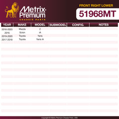 Metrix Premium Chassis Parts Front Right Lower Control Arm and Ball Joint Assembly 51968MT OEM fit auto parts