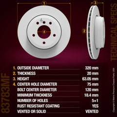 METRIX PREMIUM CHASSIS PARTS Disc Brake Rotor P/N:83783MF Fits: BMW 525i 07-04, BMW 528i 09-08, BMW 530i 07-04