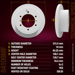 METRIX PREMIUM CHASSIS PARTS Disc Brake Rotor P/N:84109MF Fits: Mitsubishi Montero 00-92, Mitsubishi Montero Sport 04-97