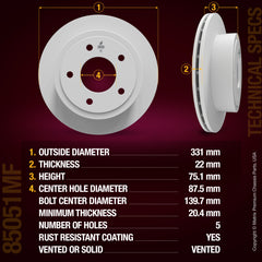 METRIX PREMIUM CHASSIS PARTS Disc Brake Rotor P/N:85051MF Fits: Ford E-150 06-03, Ford Econoline 2006