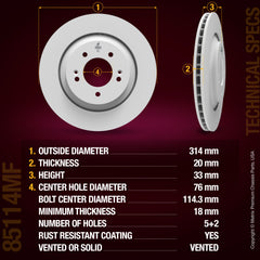 METRIX PREMIUM CHASSIS PARTS Disc Brake Rotor P/N:85114MF Fits: Hyundai Elantra 23-22, Hyundai Kona 23-22, Hyundai Veloster 2019, Hyundai Veloster N 22-20