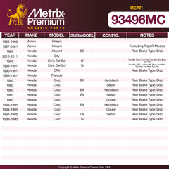 Metrix Premium Chassis Parts Rear Disc Brake Pad Set 93496MC OEM fit auto parts