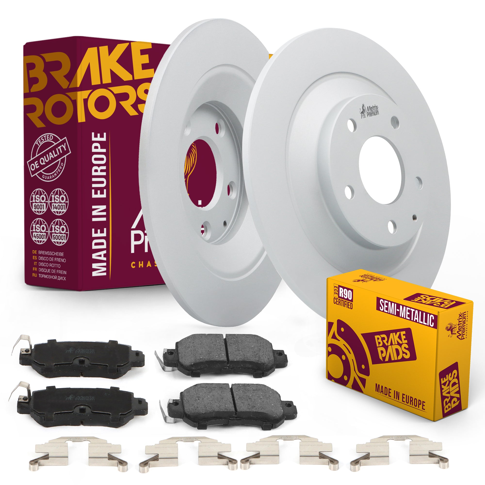Metrix Premium Chassis Parts - Rear Semi-Metallic Disc Brake Pad Set & Solid Brake Rotor Kit Fits 2013-2021 Mazda CX-5, Made in Europe