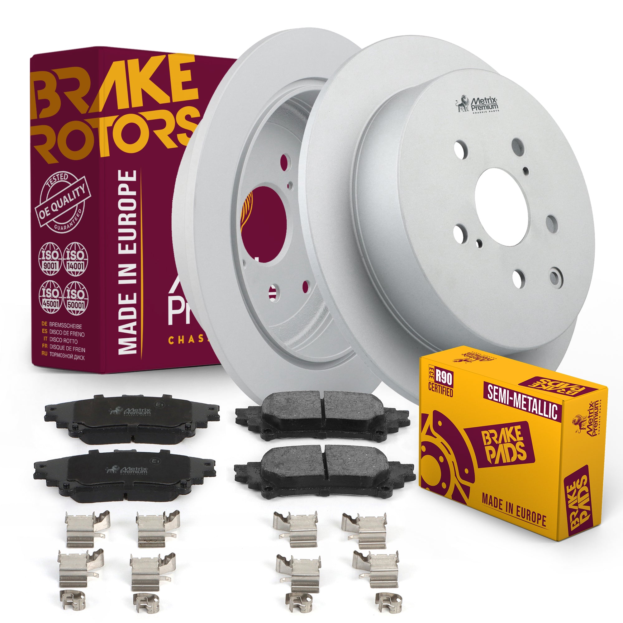 Metrix Premium Chassis Parts - Rear Semi-Metallic Disc Brake Pad Set & Solid Brake Rotor Kit Fits 2010-2015 Lexus RX350, 2010-2015 RX450h, 2014-2019 Toyota Highlander, 2011-2020 Sienna, Made in Europe