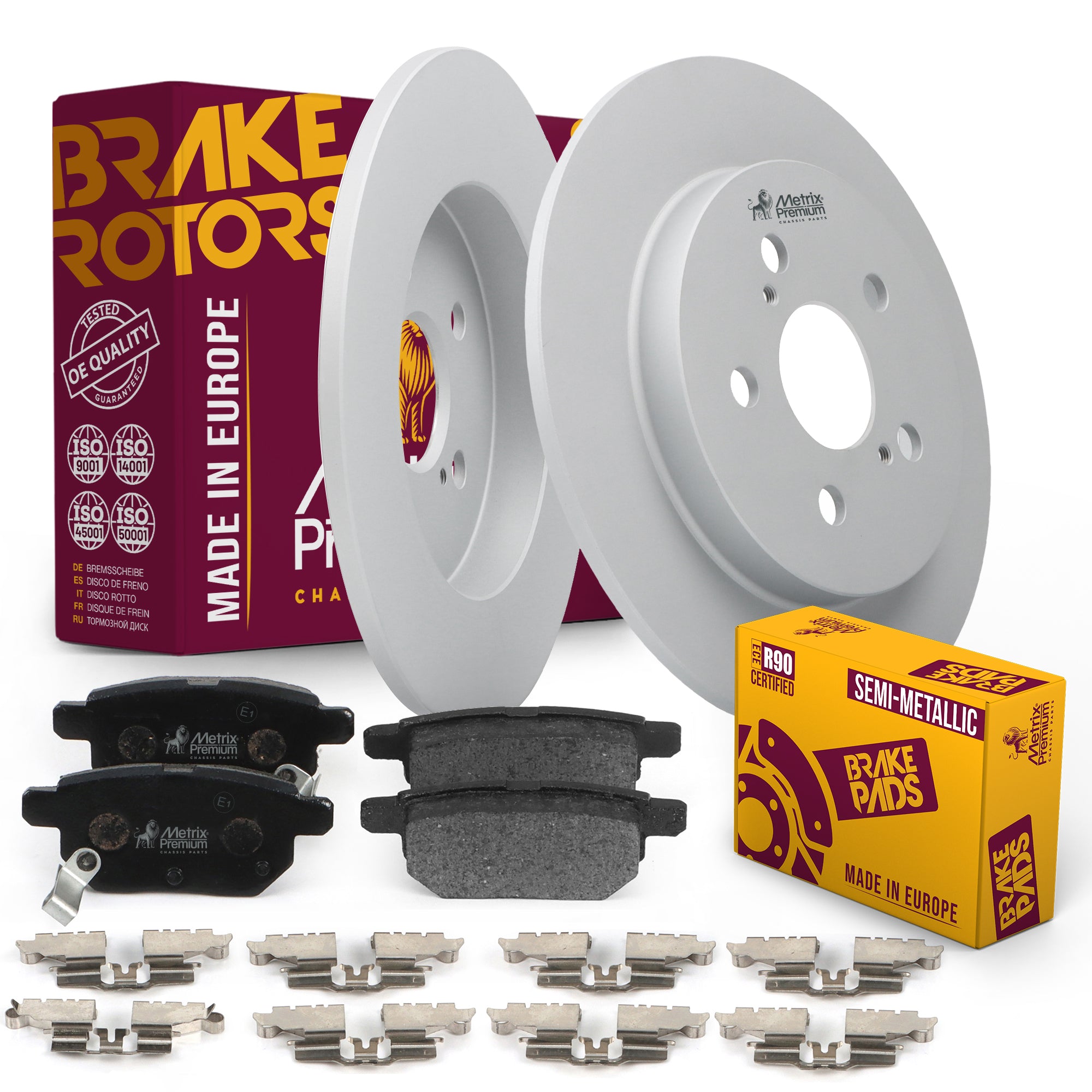 Metrix Premium Chassis Parts - Rear Semi-Metallic Disc Brake Pad Set & Solid Brake Rotor Kit Fits 2011-2013 Lexus CT200h, 2009-2010 Pontiac Vibe, 2009-2019 Toyota Corolla, Matrix, Prius, Prius Plug-In