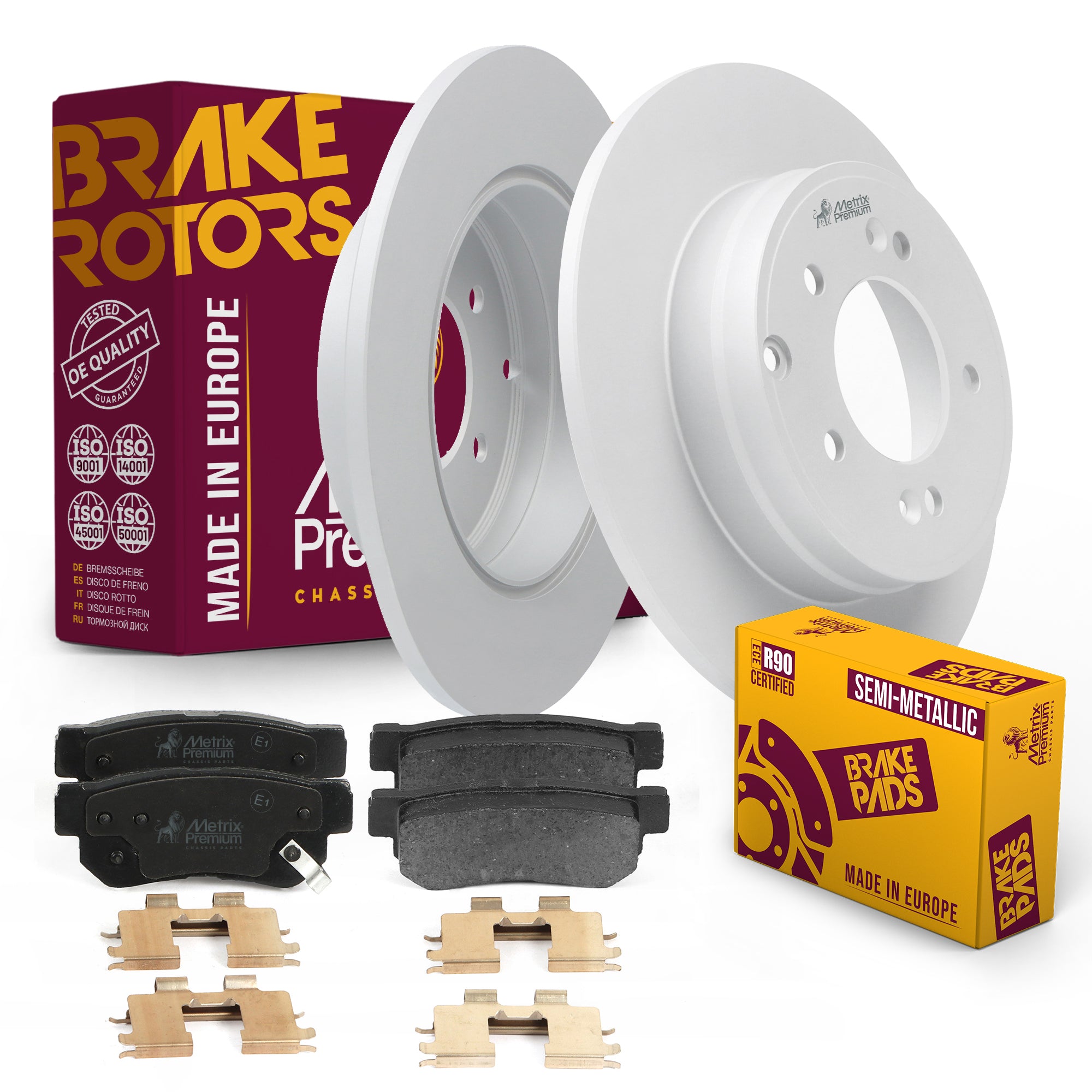 Metrix Premium Chassis Parts - Rear Semi-Metallic Disc Brake Pad Set & Solid Brake Rotor Kit Fits 2006-2008 Hyundai Sonata, Made in Europe