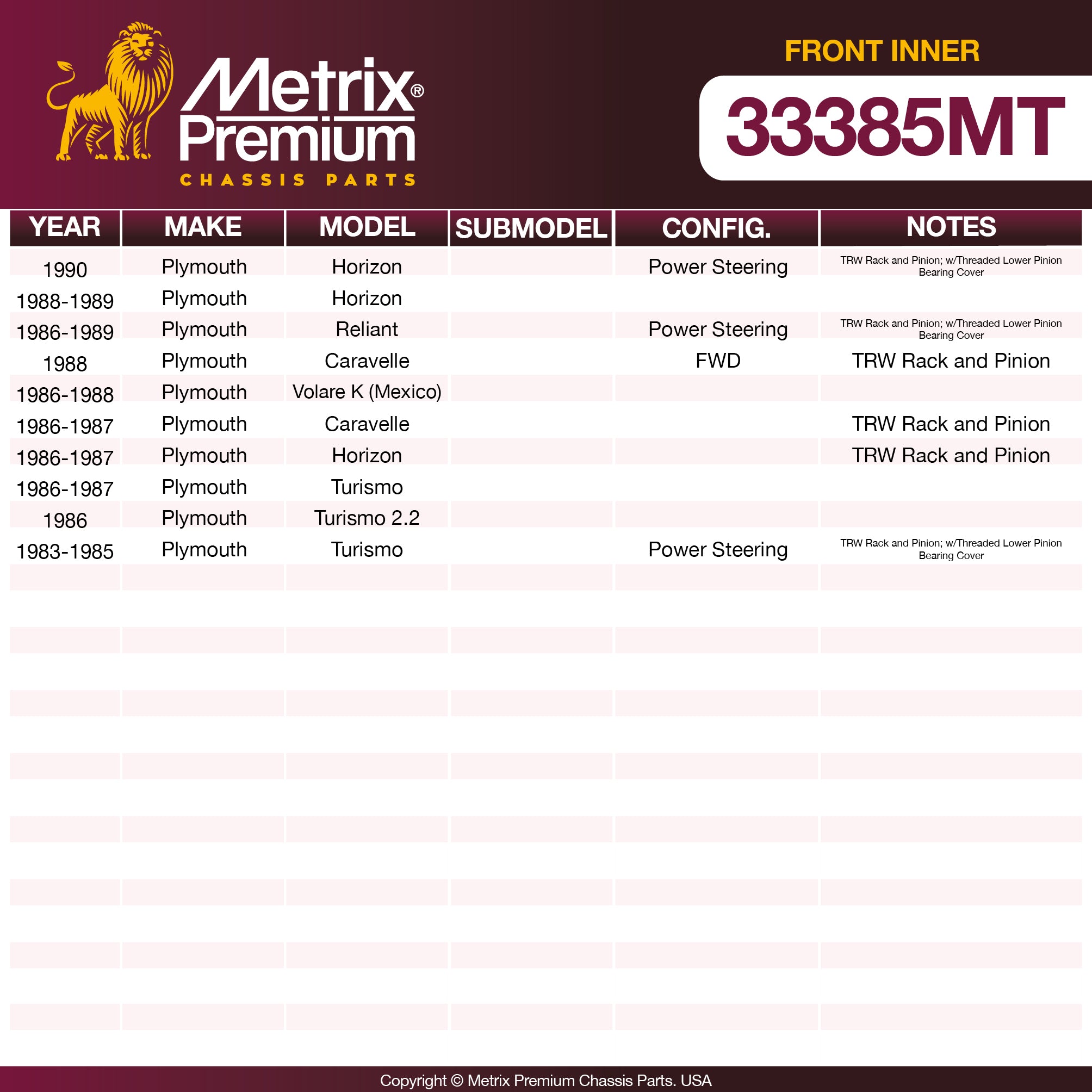 Metrix Premium Chassis Parts Front Inner Tie Rod End 33385MT suspension steering brake parts