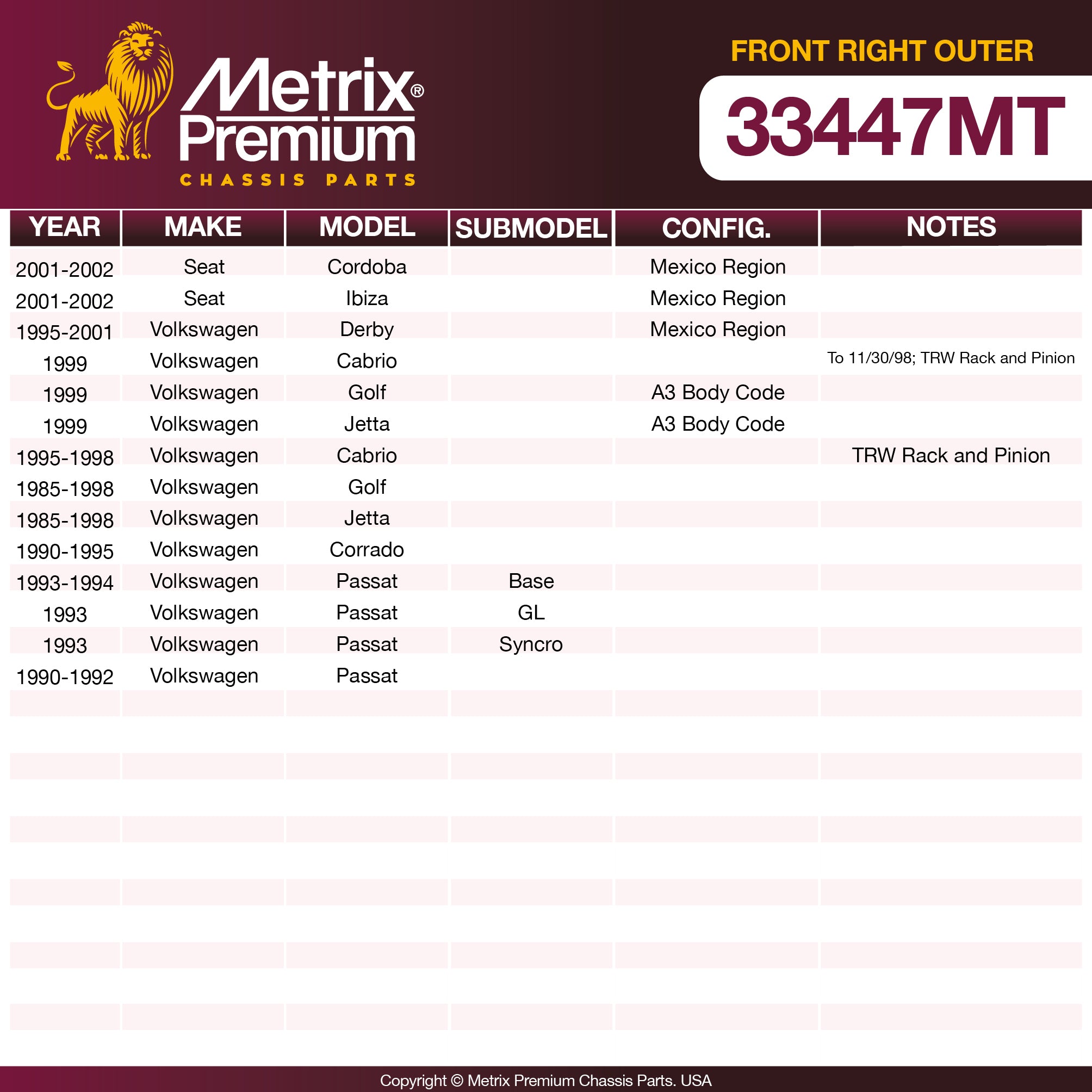 Metrix Premium Chassis Parts Front Right Outer Tie Rod End 33447MT aftermarket car parts
