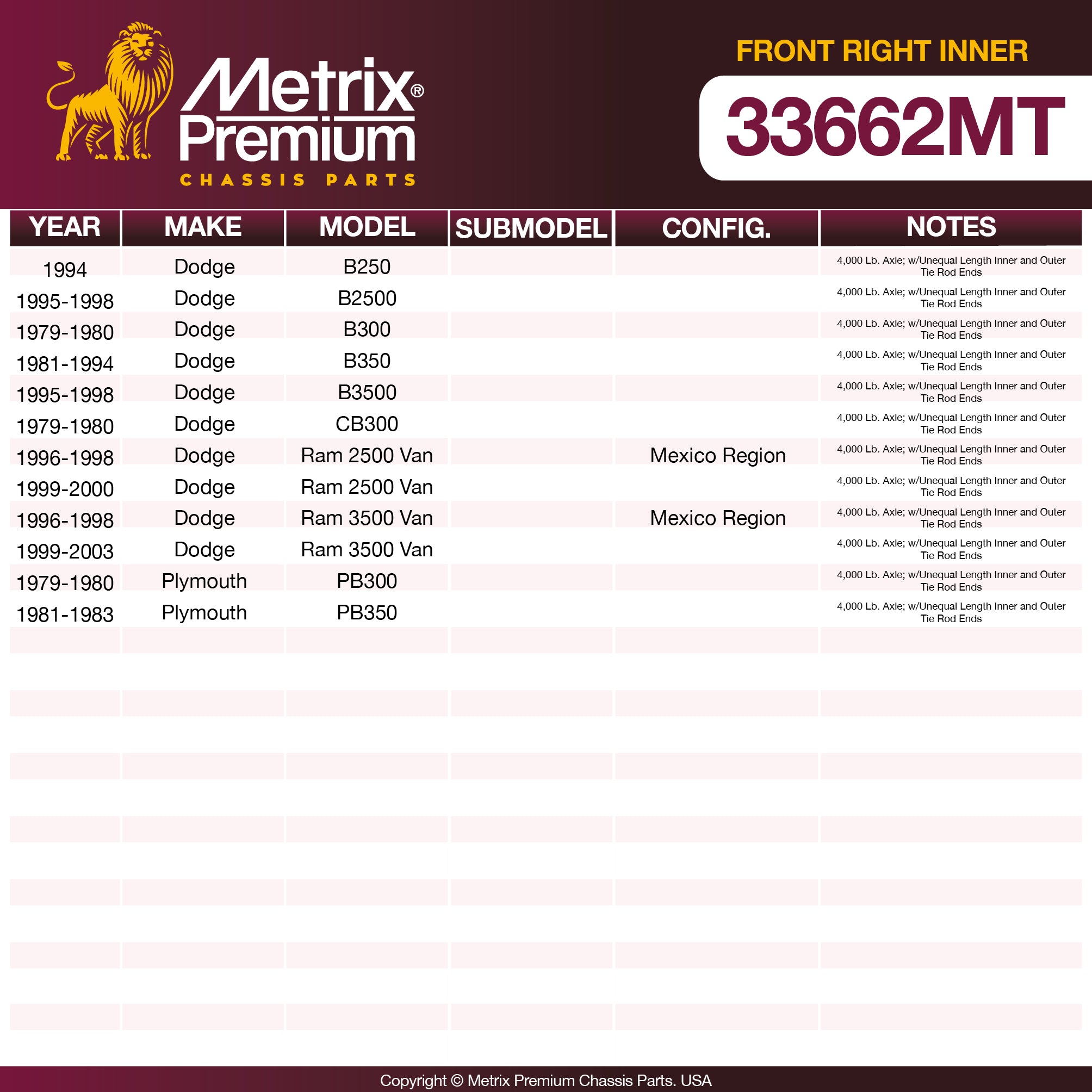 Metrix Premium Chassis Parts Front Right Inner Tie Rod End 33662MT aftermarket car parts