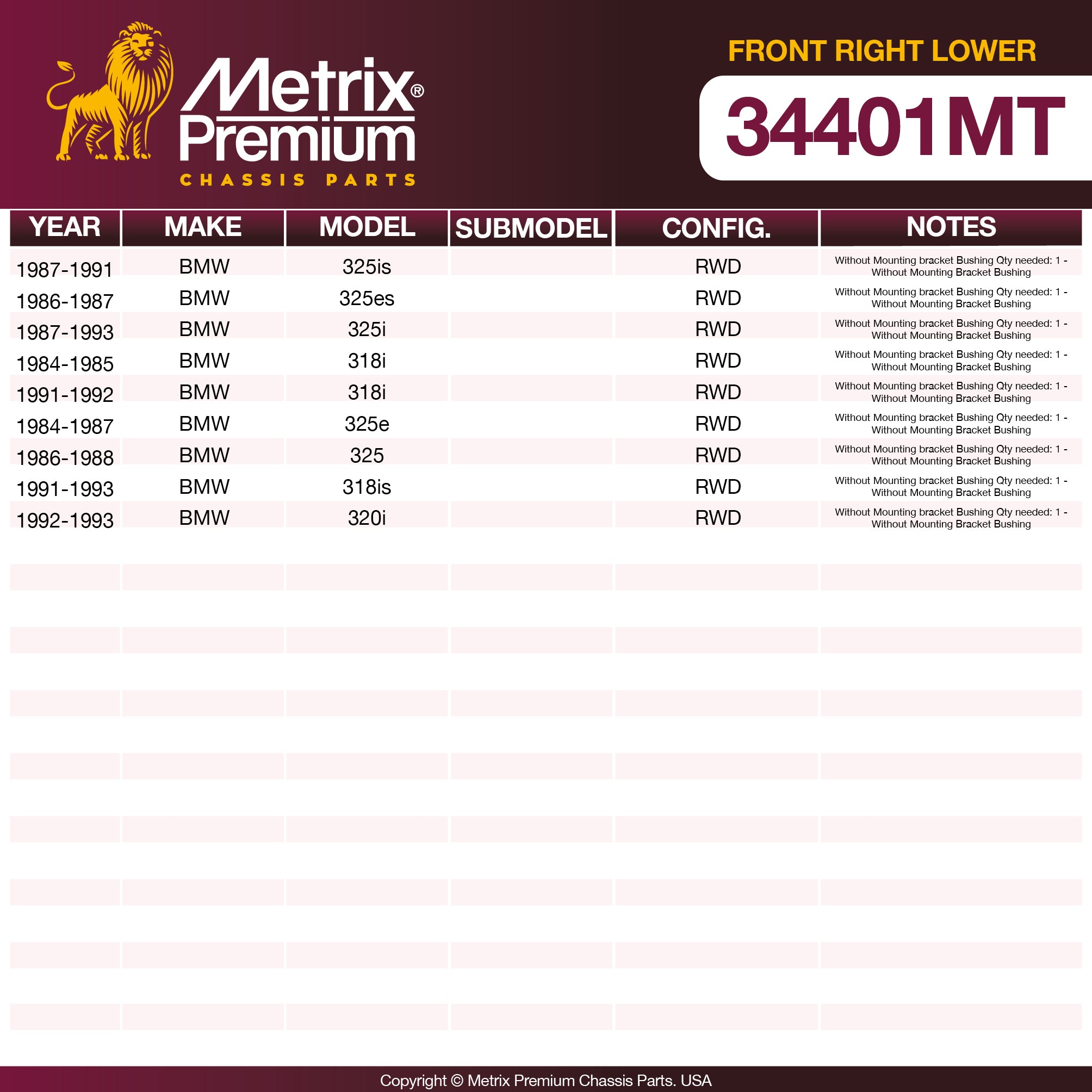 Metrix Premium Chassis Parts Front Right Lower Control Arm and Ball Joint Assembly 34401MT OEM fit auto parts