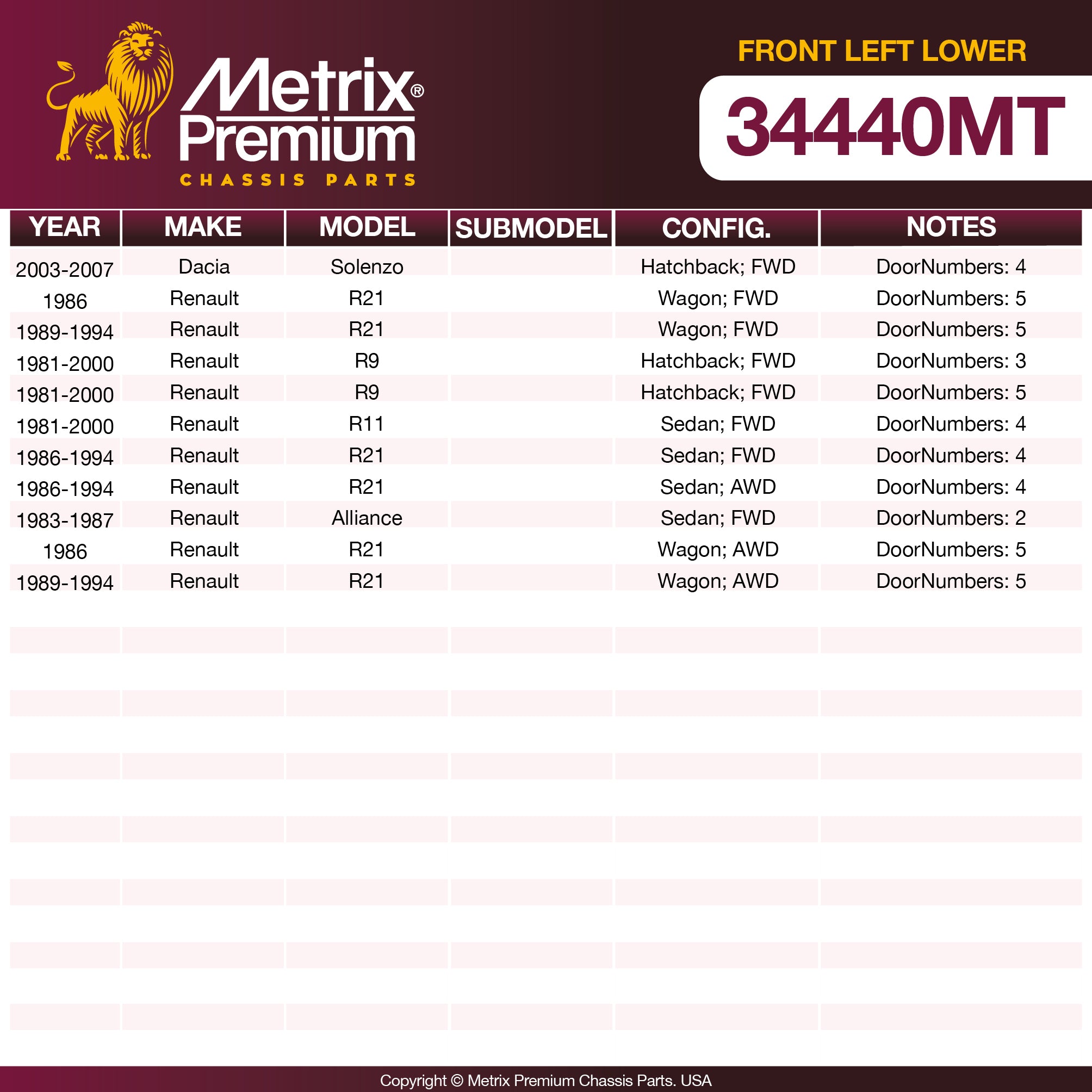 Metrix Premium Chassis Parts Front Left Lower Control Arm and Ball Joint Assembly 34440MT OEM fit auto parts
