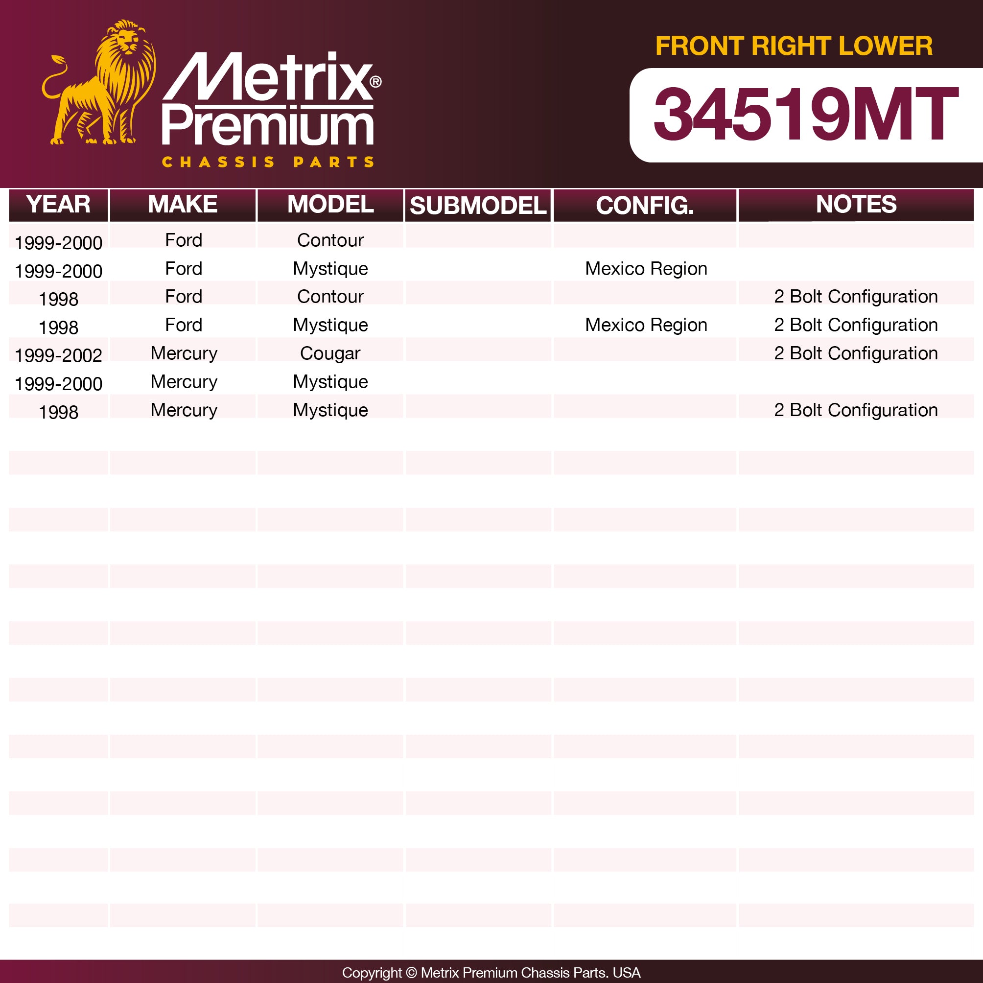 Metrix Premium Chassis Parts Front Right Lower Control Arm and Ball Joint Assembly 34519MT aftermarket car parts