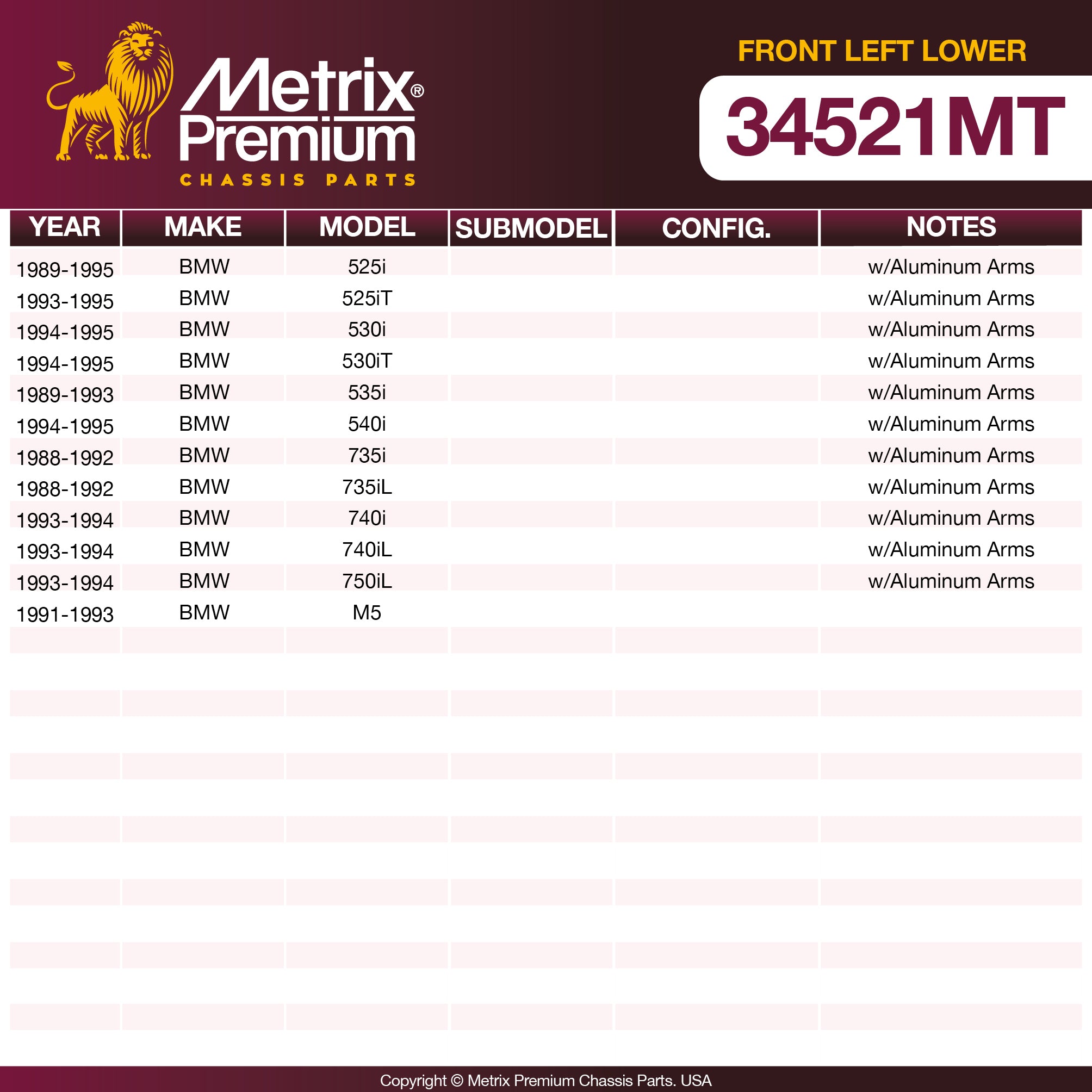 Metrix Premium Chassis Parts Front Left Lower Control Arm and Ball Joint Assembly 34521MT aftermarket car parts