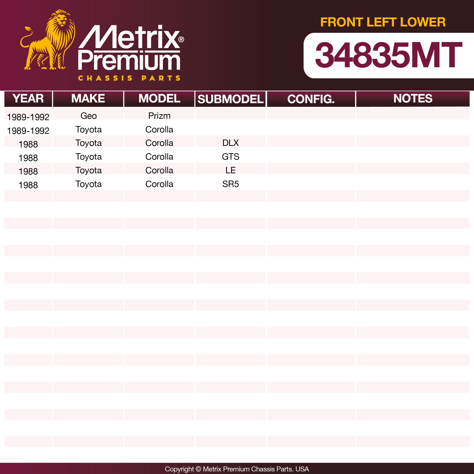 Metrix Premium Chassis Parts Front Left Lower Ball Joint 34835MT OEM fit auto parts