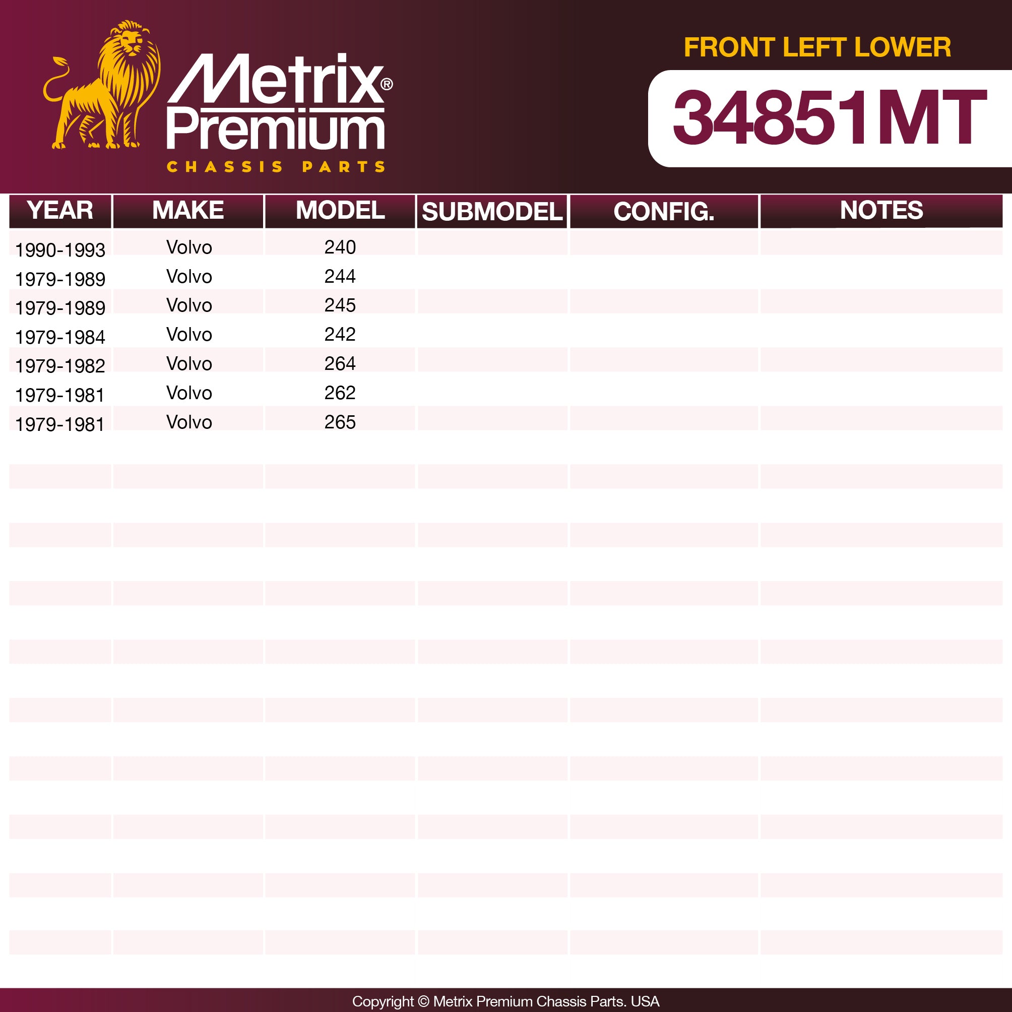 Metrix Premium Chassis Parts Front Left Lower Ball Joint 34851MT OEM fit auto parts