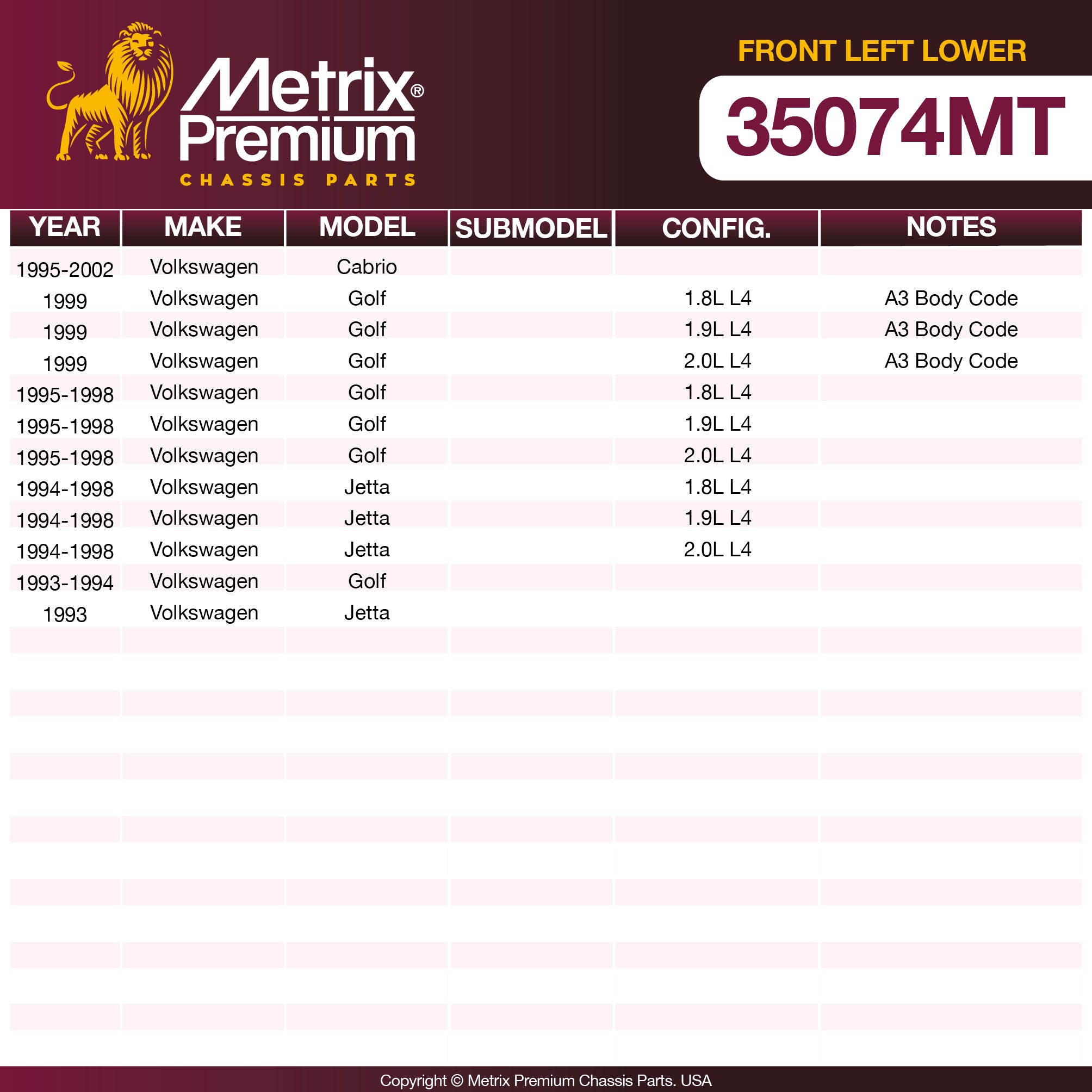 Metrix Premium Chassis Parts Front Left Lower Control Arm and Ball Joint Assembly 35074MT OEM fit auto parts