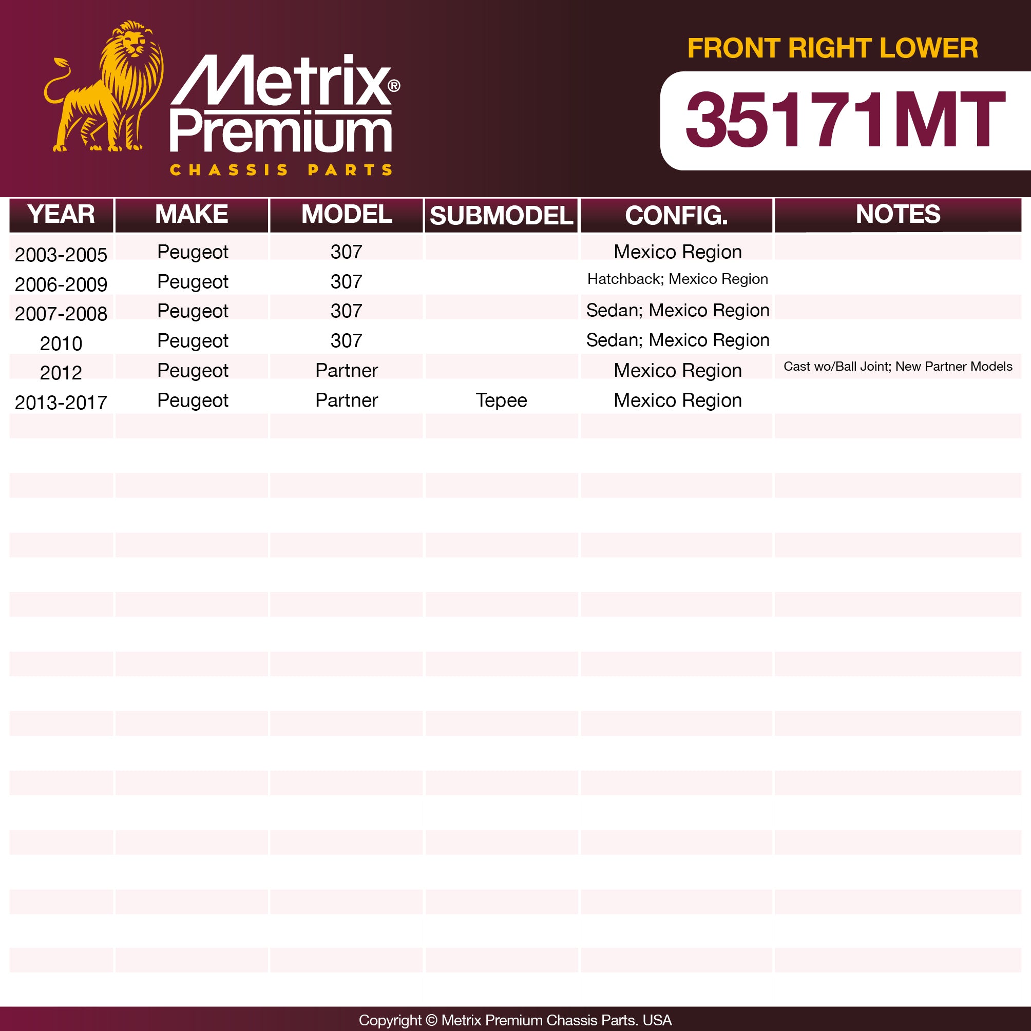 Metrix Premium Chassis Parts Front Right Lower Control Arm and Ball Joint Assembly 35171MT aftermarket car parts