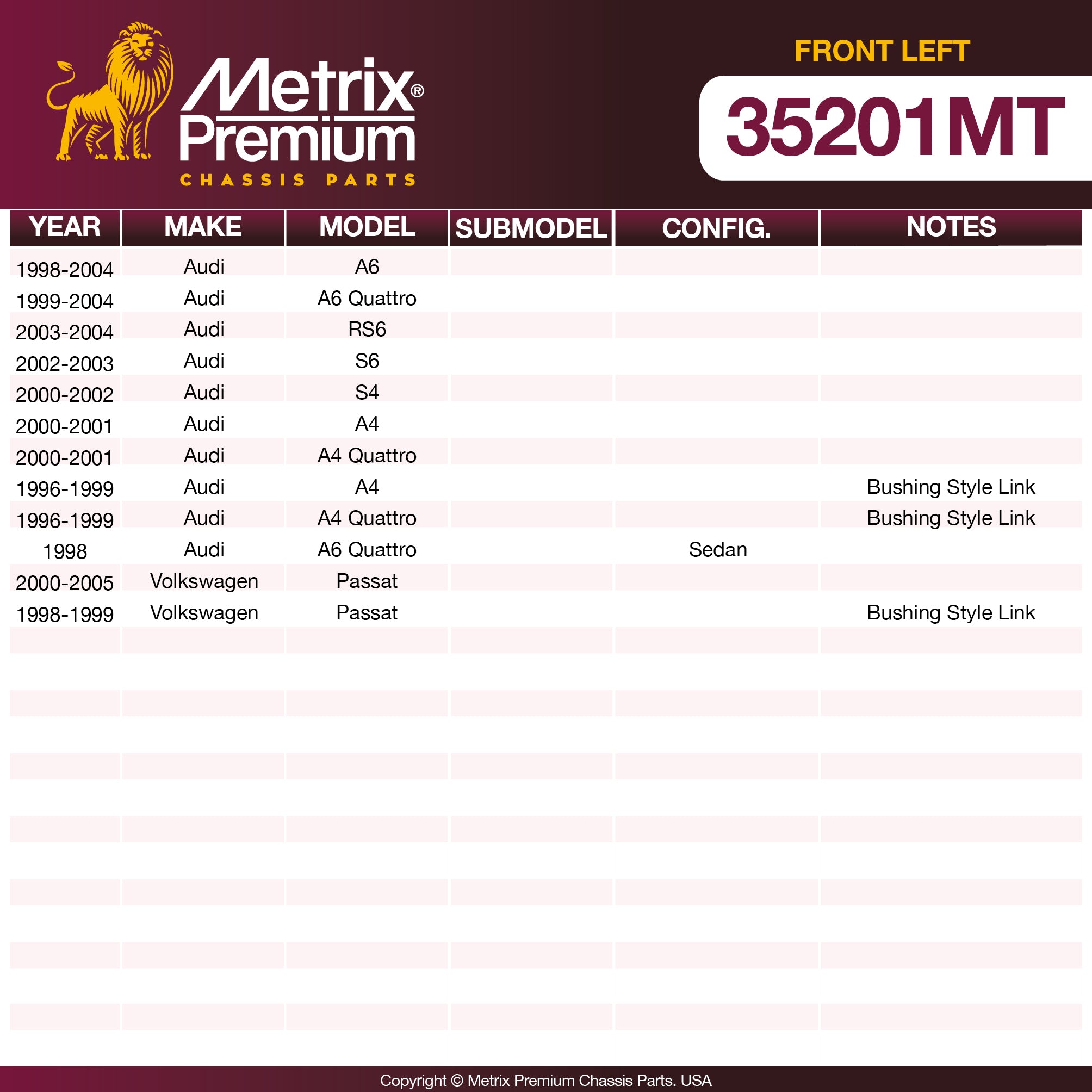 Metrix Premium Chassis Parts Front Left Stabilizer Bar Link 35201MT OEM fit auto parts