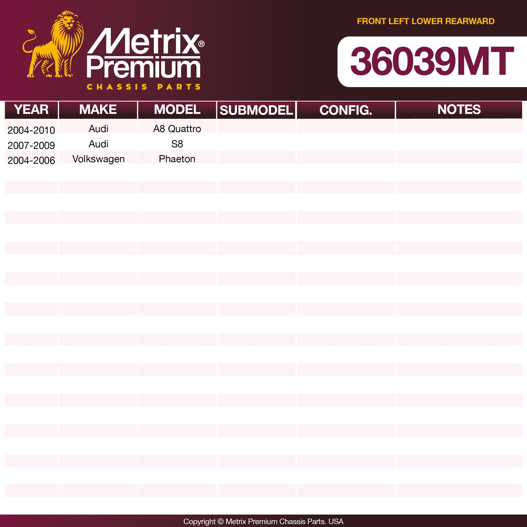 Metrix Premium Chassis Parts Front Left Lower Rearward Control Arm and Ball Joint Assembly 36039MT OEM fit auto parts