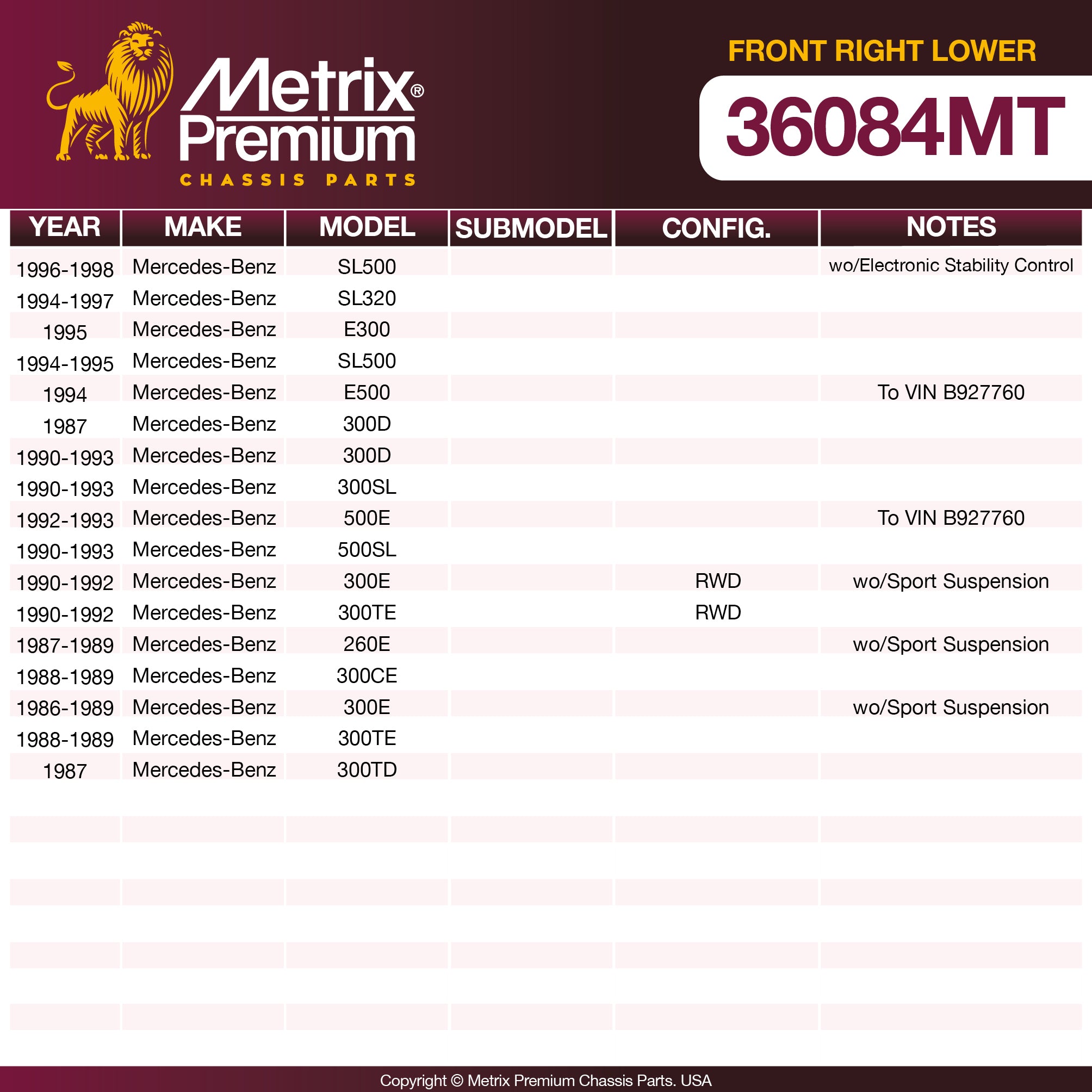 Metrix Premium Chassis Parts Front Right Lower Control Arm And Ball Joint Assembly 36084MT OEM fit auto parts