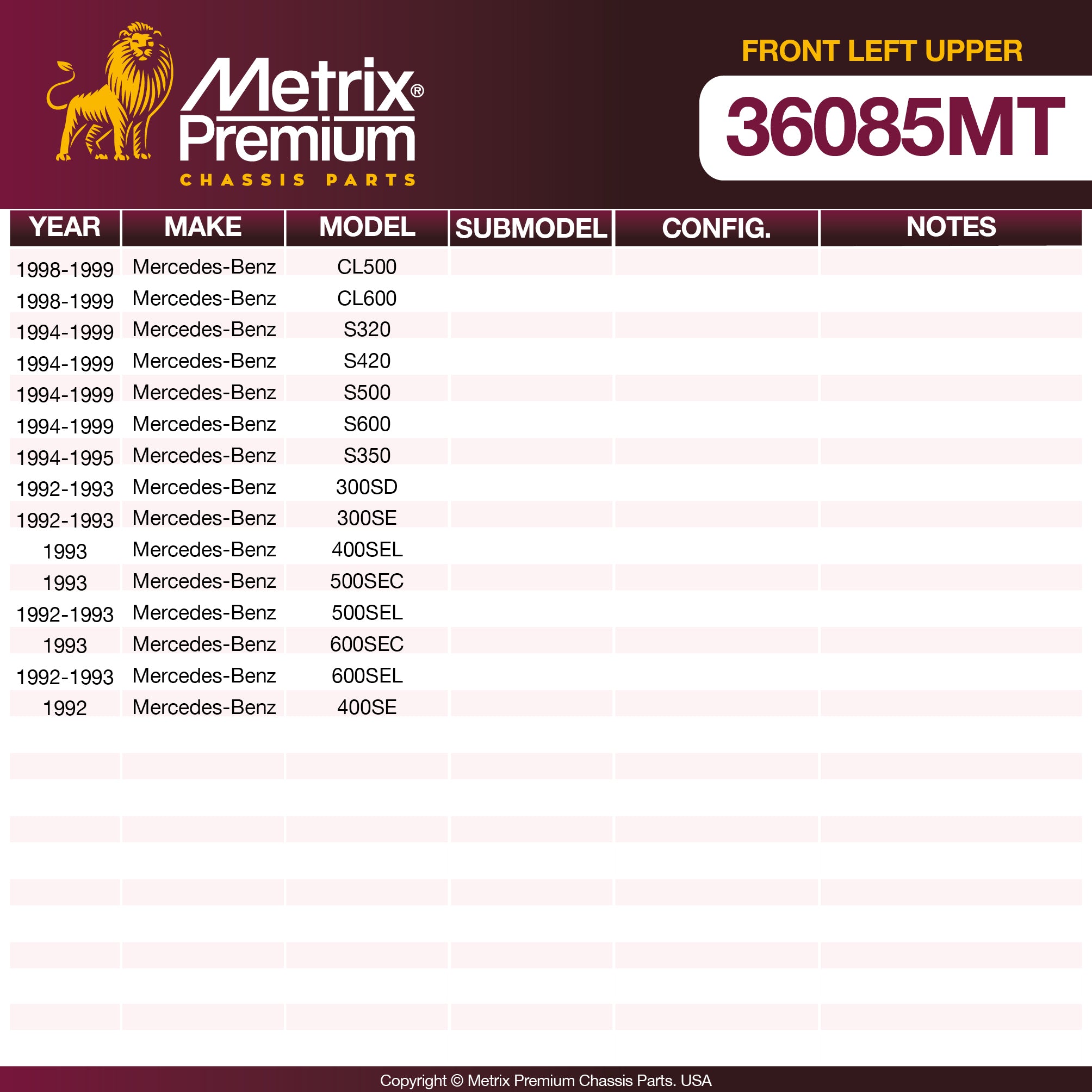 Metrix Premium Chassis Parts Front Left Upper Control Arm and Ball Joint Assembly 36085MT aftermarket car parts