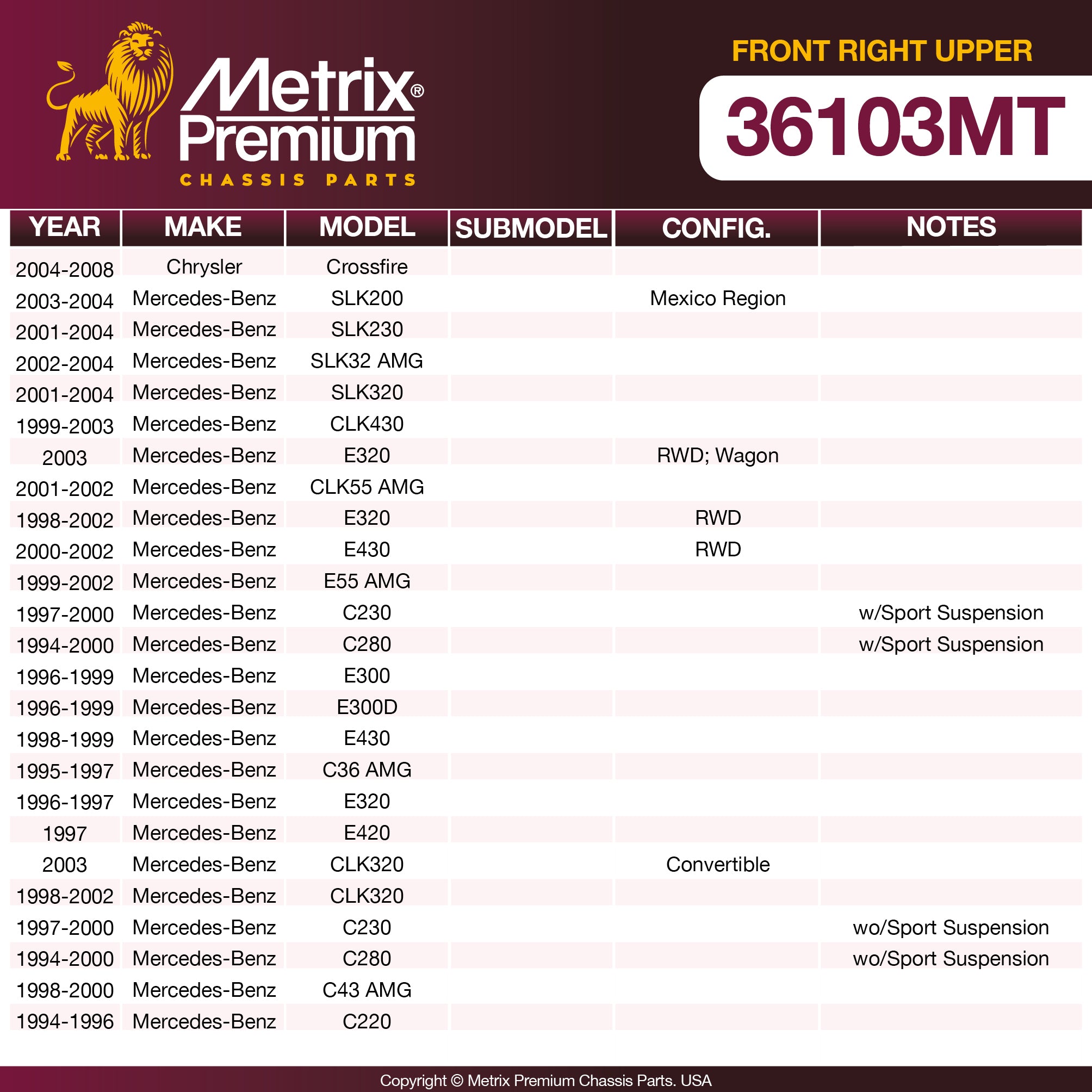 Metrix Premium Chassis Parts Front Right Upper Control Arm and Ball Joint Assembly 36103MT OEM fit auto parts