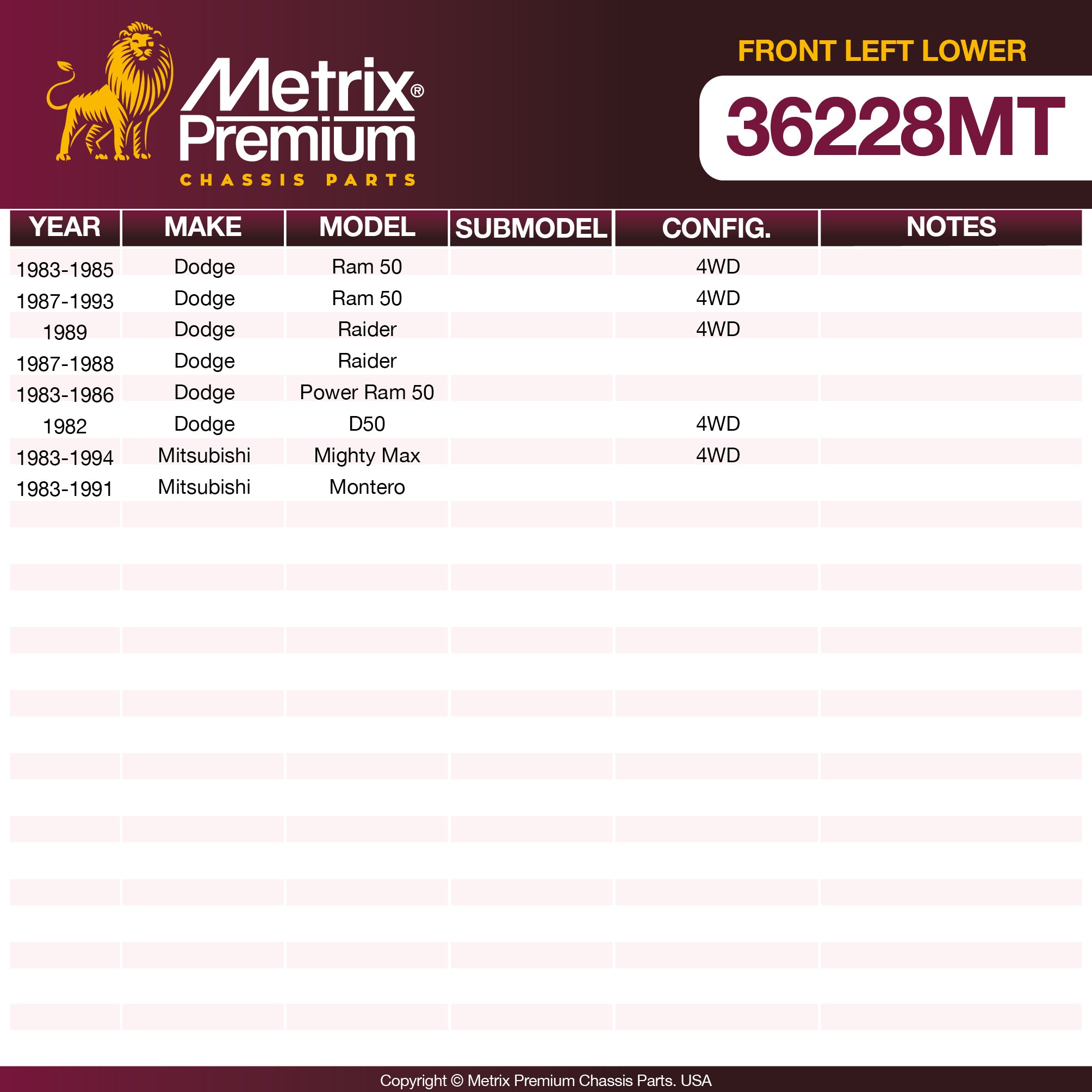 Metrix Premium Chassis Parts Front Left Lower Control Arm and Ball Joint Assembly 36228MT OEM fit auto parts