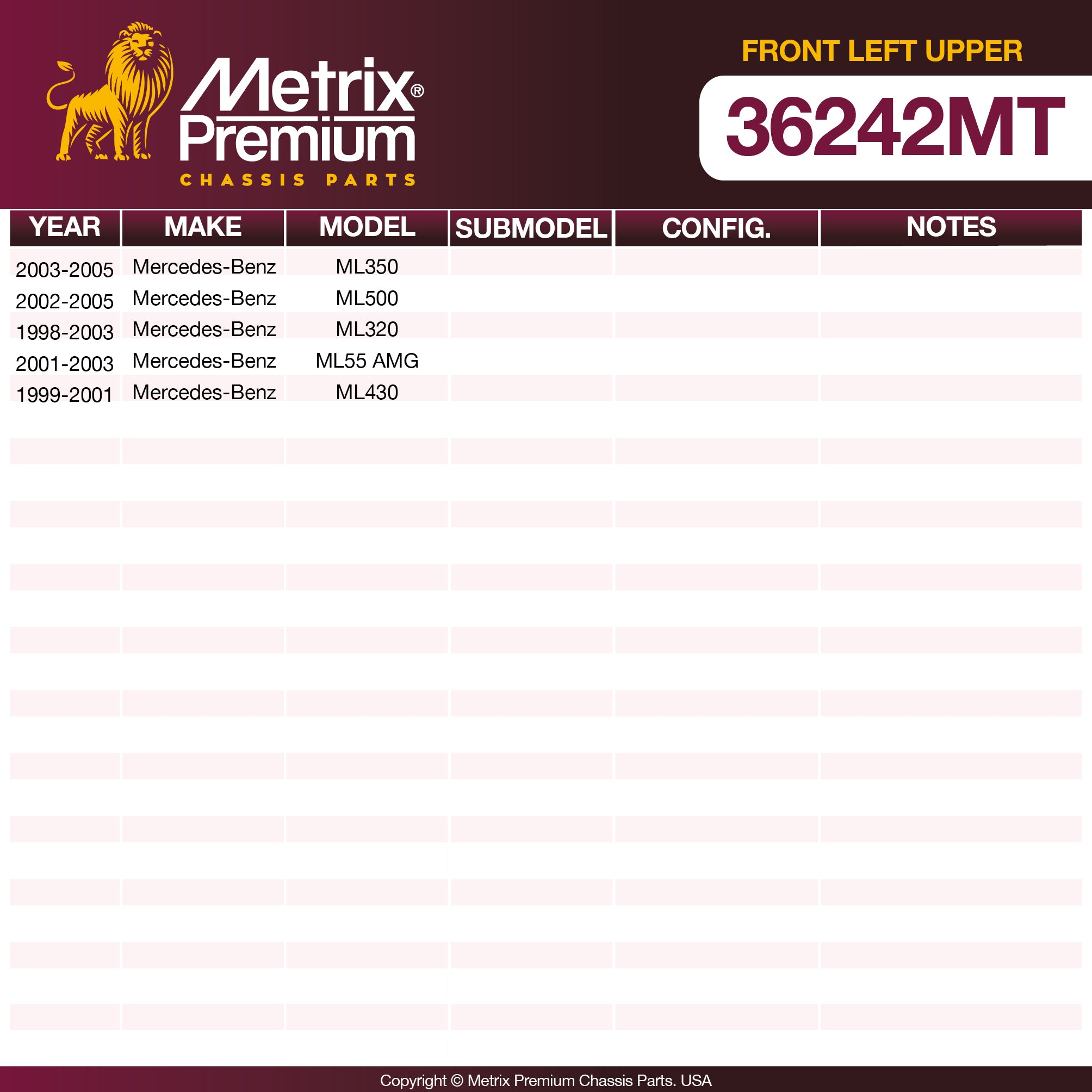 Metrix Premium Chassis Parts Front Left Upper Control Arm and Ball Joint Assembly 36242MT OEM fit auto parts