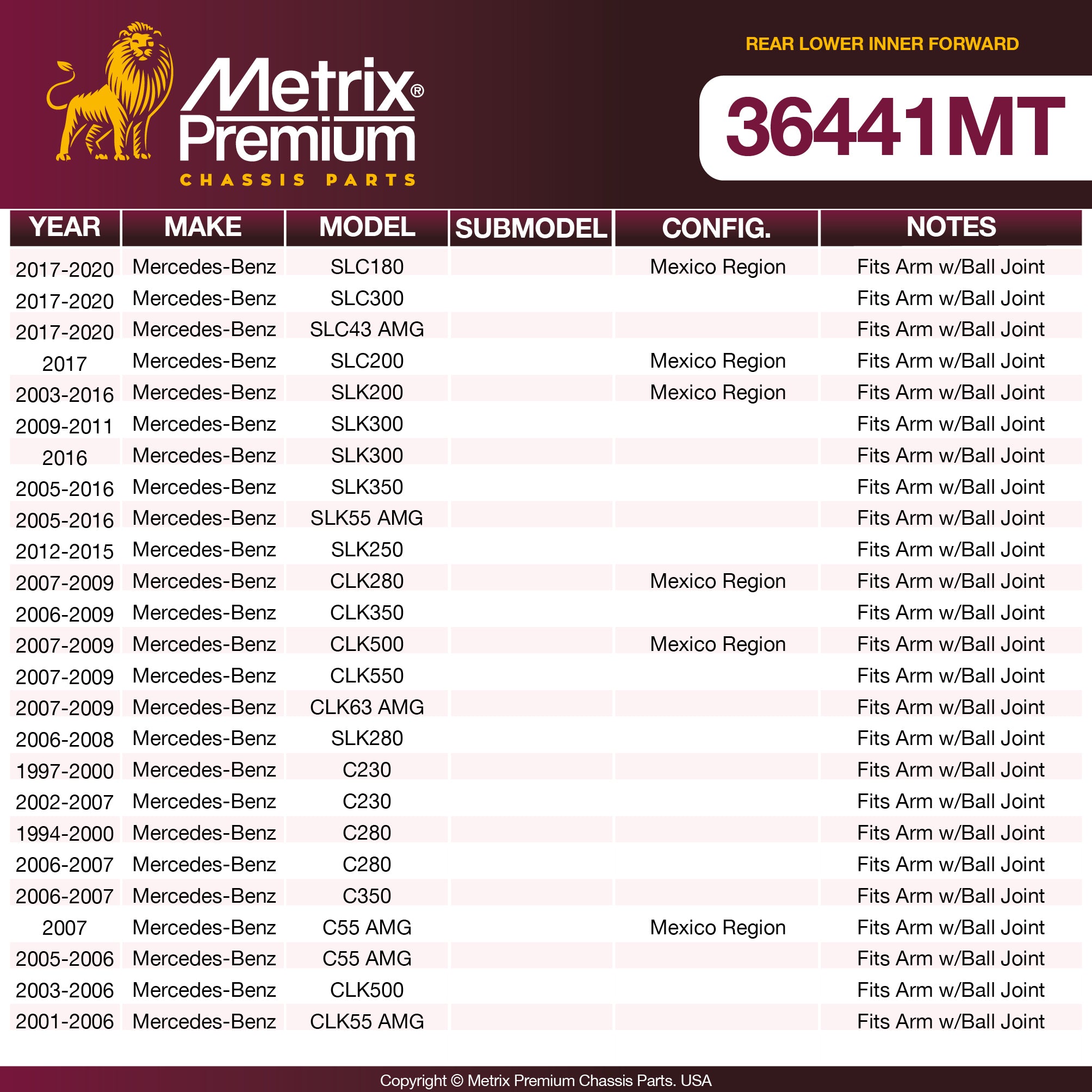 Metrix Premium Chassis Parts Rear Lower Inner Forward Control Arm Bushing 36441MT OEM fit auto parts