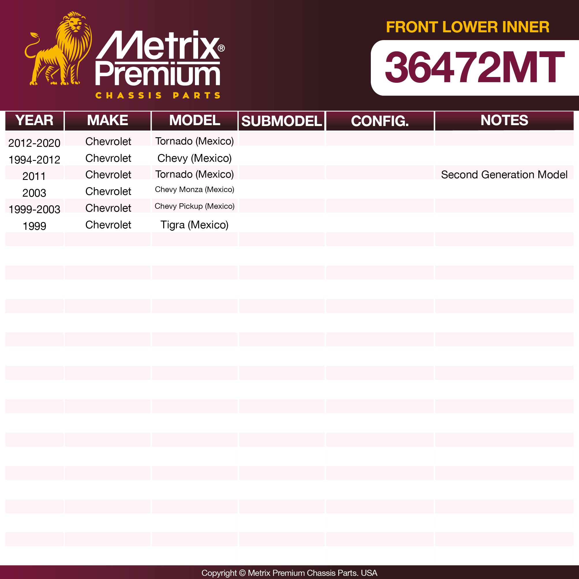 Metrix Premium Chassis Parts Front Lower Inner Axle Support Bushing 36472MT OEM fit auto parts