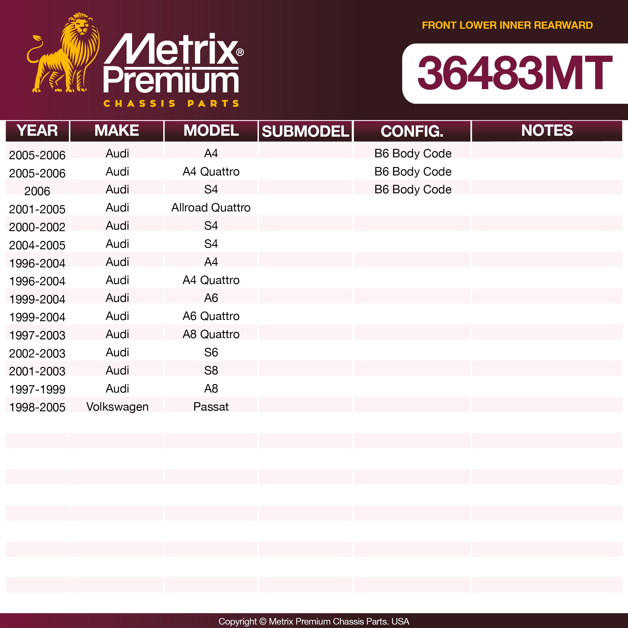 Metrix Premium Chassis Parts Front Lower Inner Rearward Control Arm Bushing 36483MT aftermarket car parts
