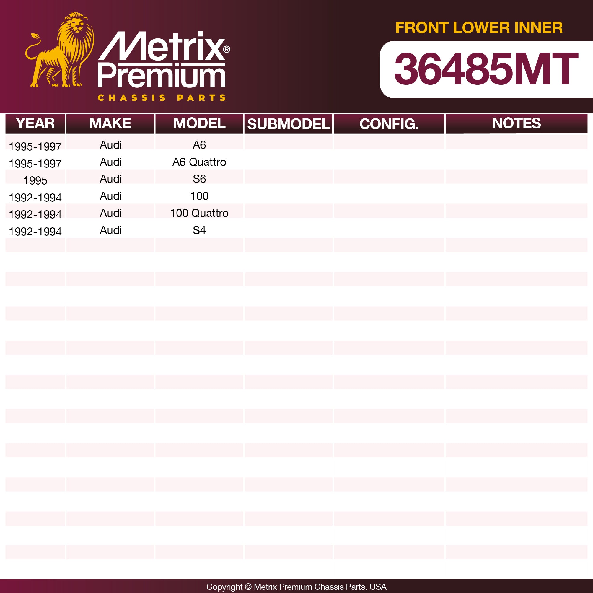 Metrix Premium Chassis Parts Front Lower Inner Control Arm Bushing 36485MT OEM fit auto parts