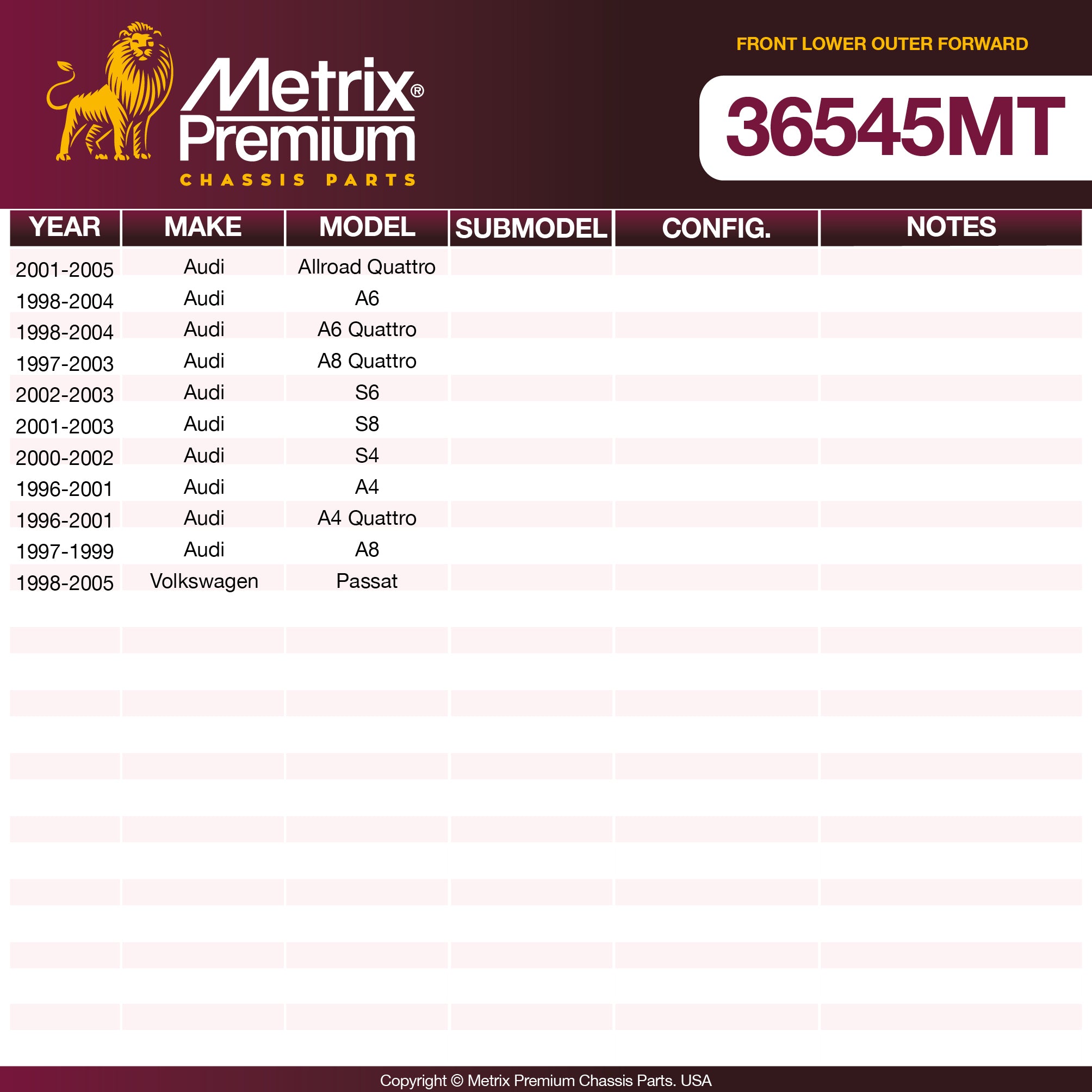 Metrix Premium Chassis Parts Front Lower Outer Forward Control Arm Bushing 36545MT OEM fit auto parts
