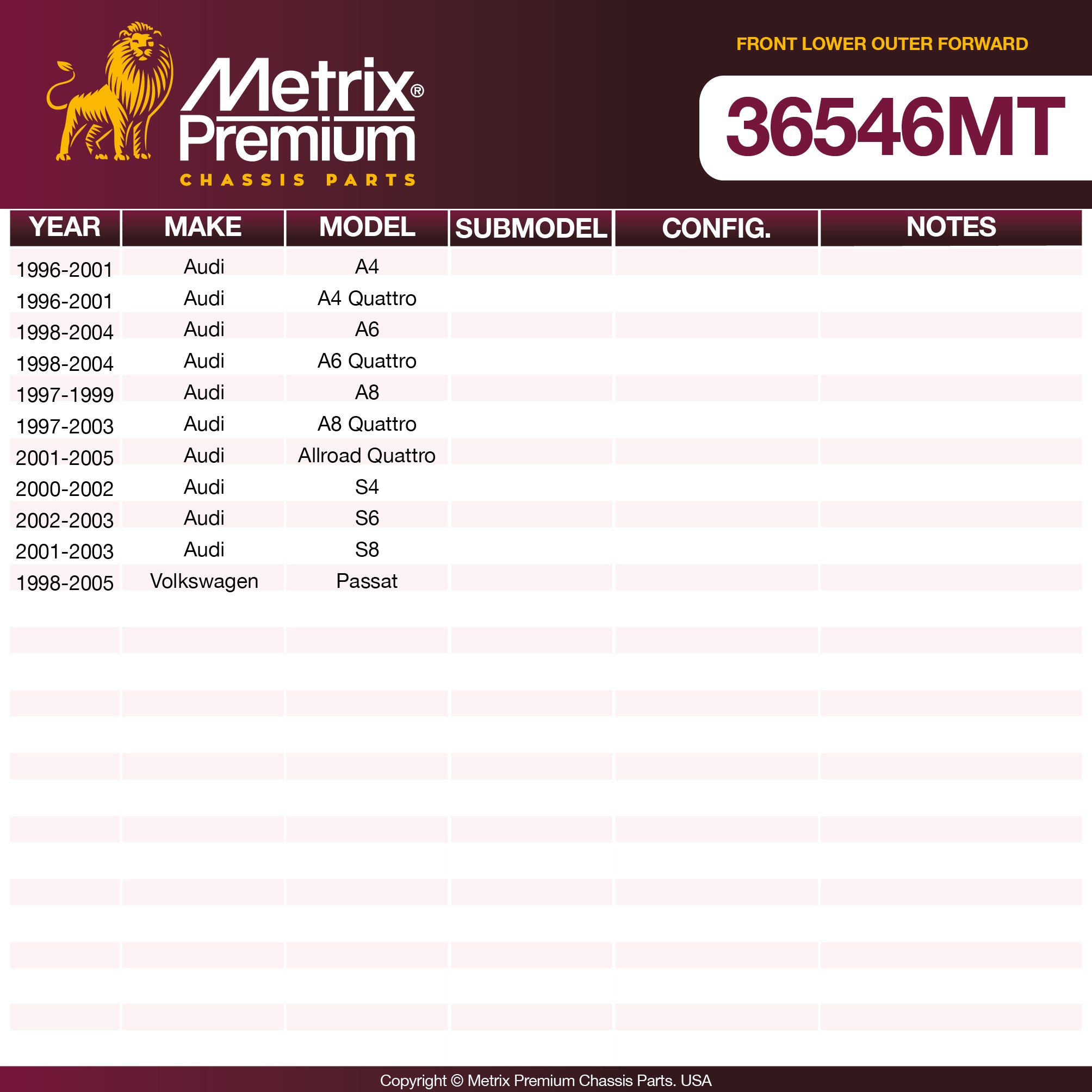 Metrix Premium Chassis Parts Front Lower Outer Forward Control Arm Bushing 36546MT aftermarket car parts