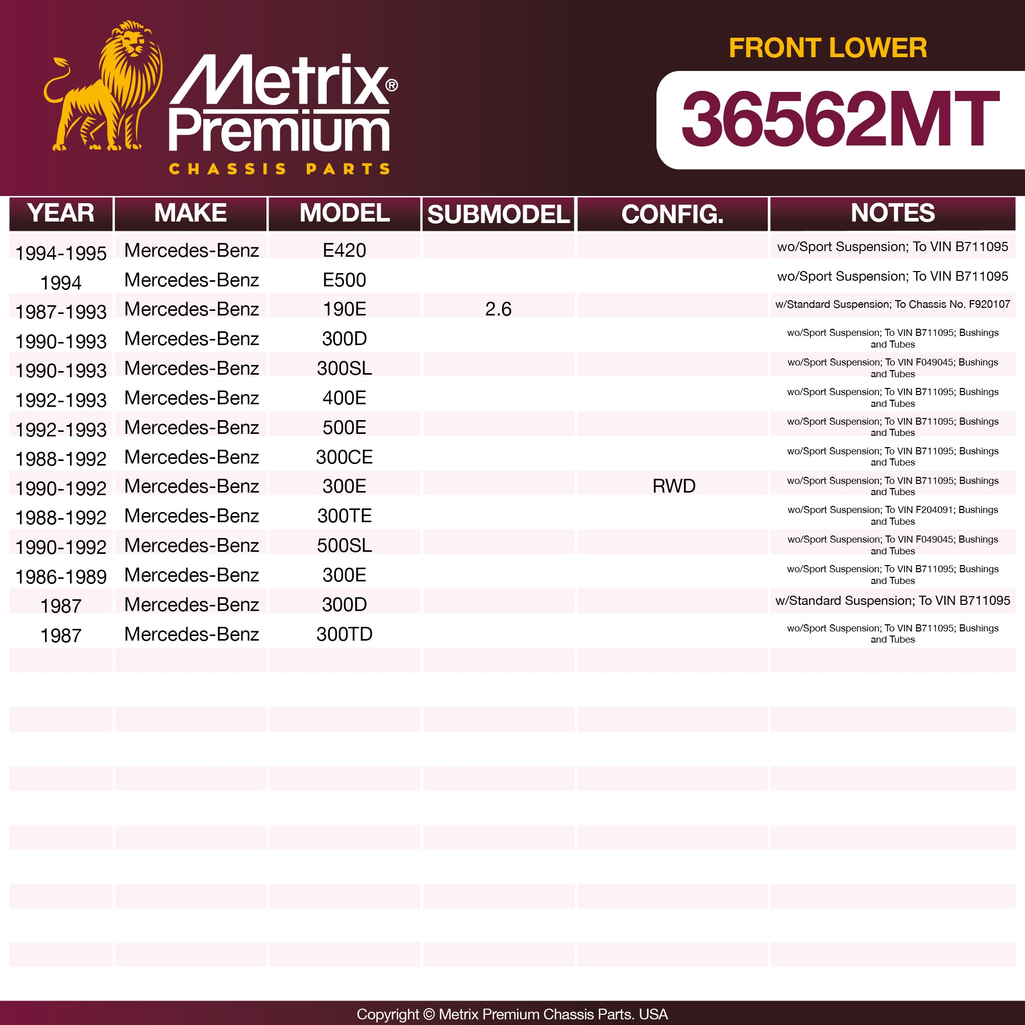 Metrix Premium Chassis Parts Front Lower Control Arm Bushing Kit 36562MT OEM fit auto parts