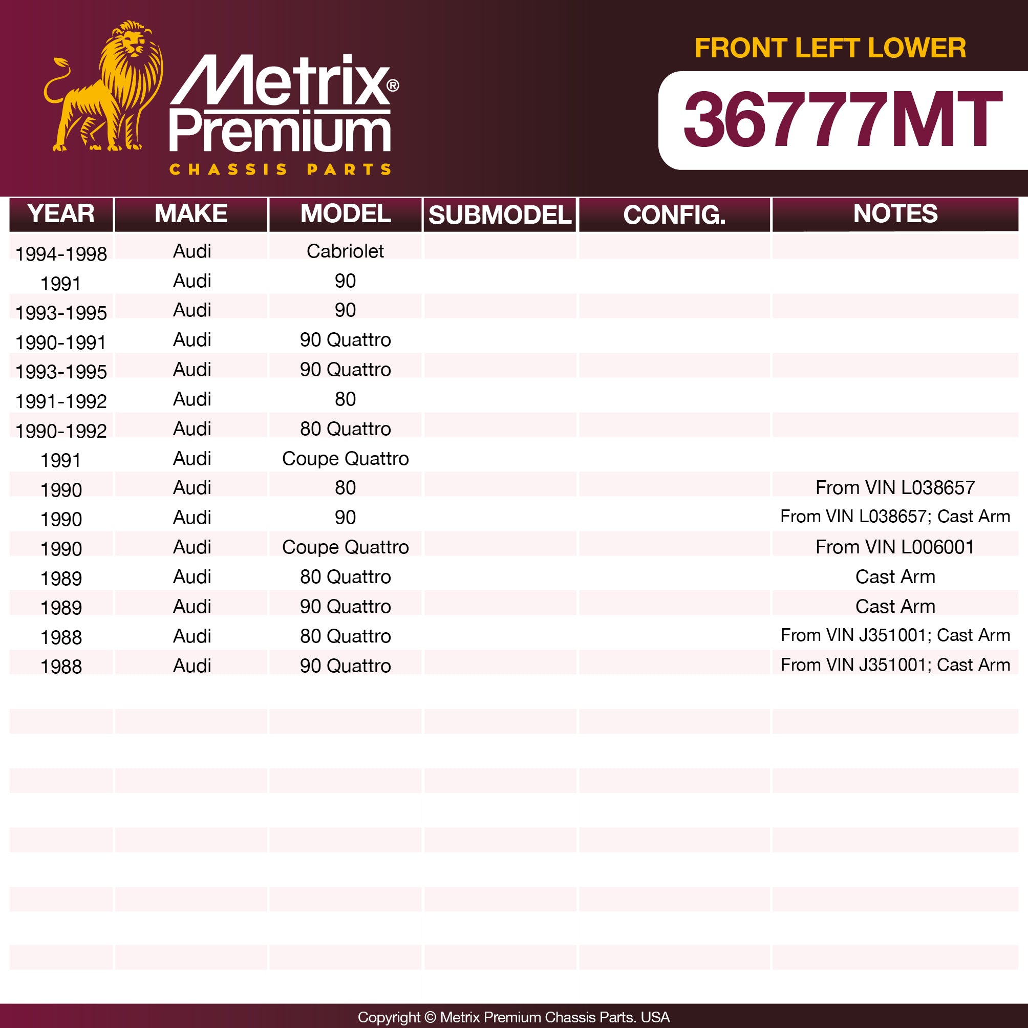 Metrix Premium Chassis Parts Front Left Lower Control Arm and Ball Joint Assembly 36777MT OEM fit auto parts