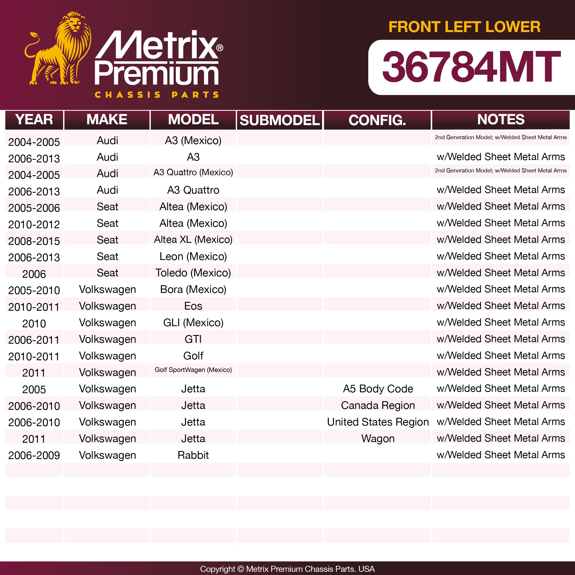 Metrix Premium Front Left Lower Control Arm and Ball Joint Assembly 36784MT OEM fit spare parts