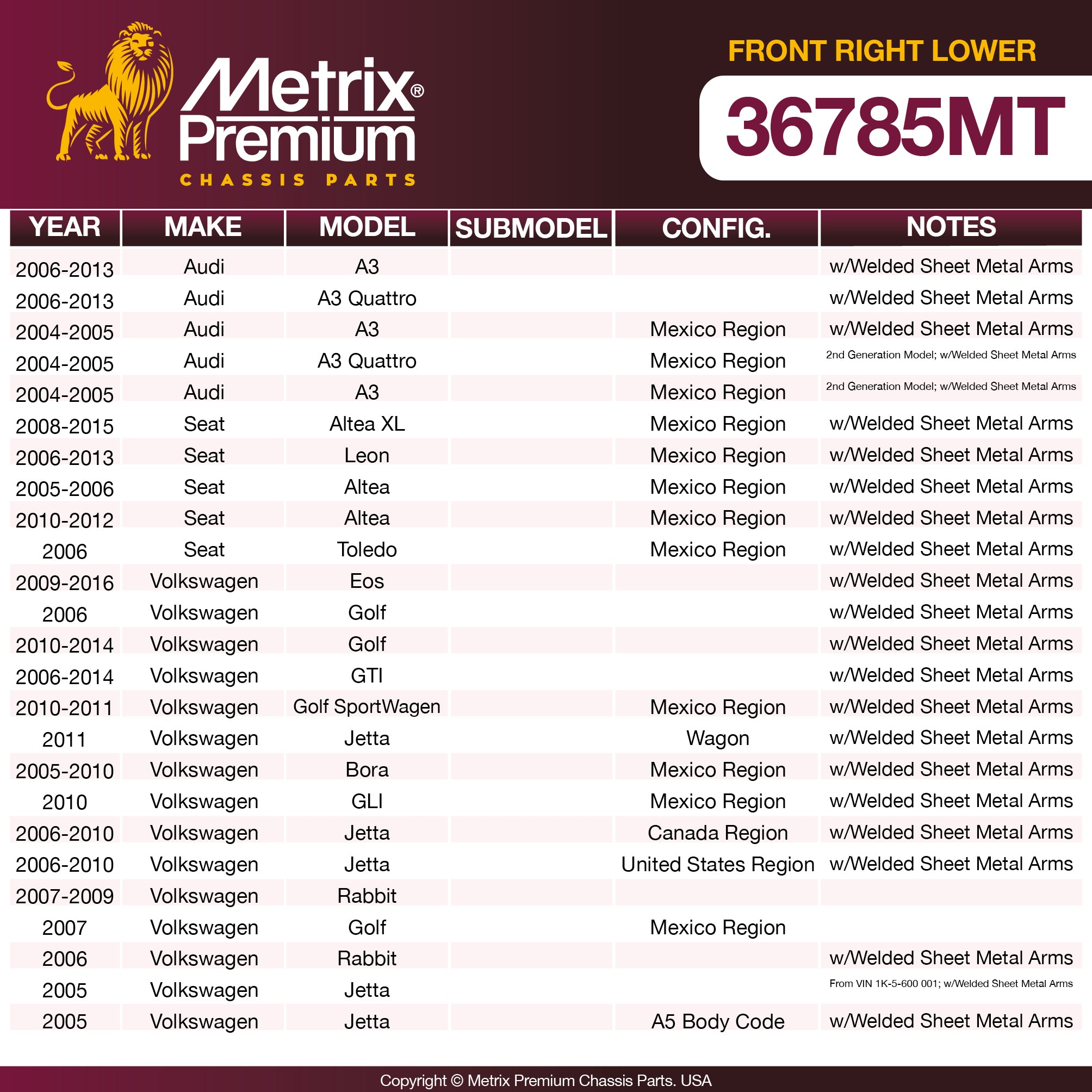 Metrix Premium Chassis Parts Front Right Lower Control Arm And Ball Joint Assembly 36785MT OEM fit auto parts