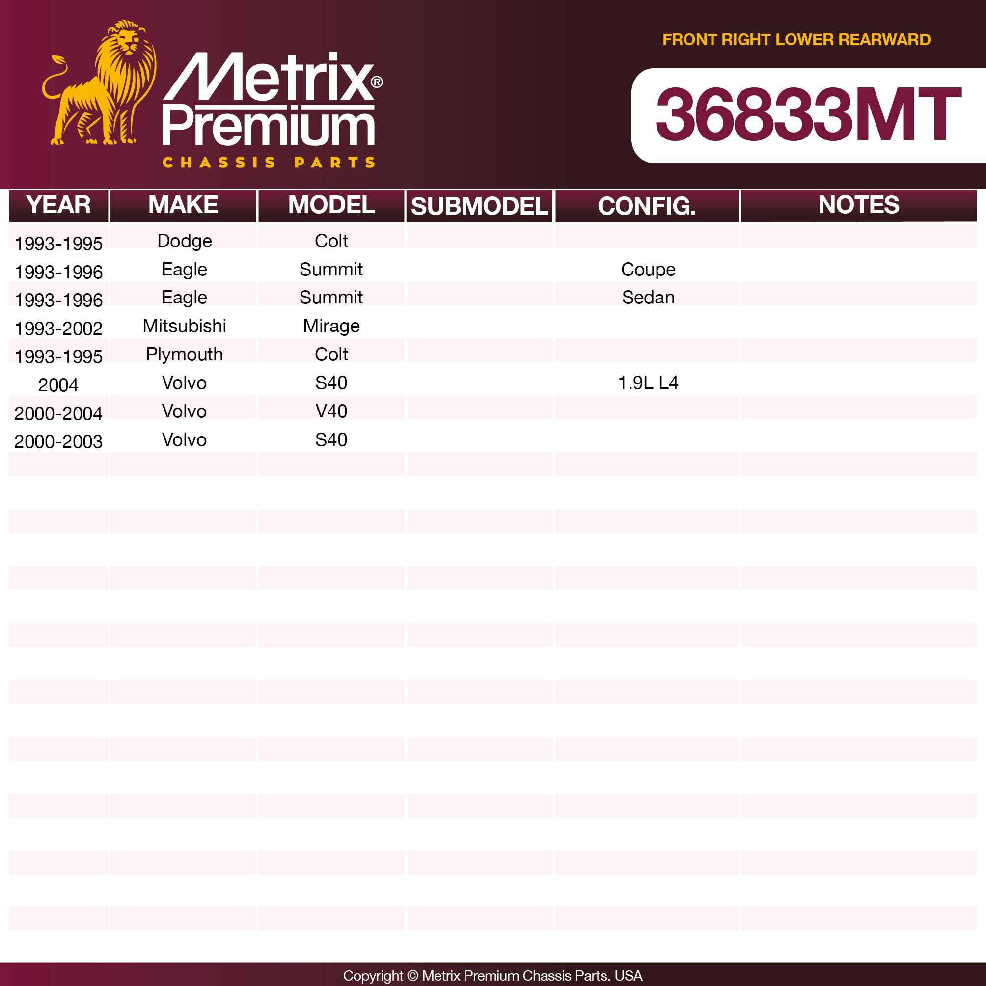 Metrix Premium Chassis Parts Front Right Lower Rearward Control Arm Bushing 36833MT OEM fit auto parts