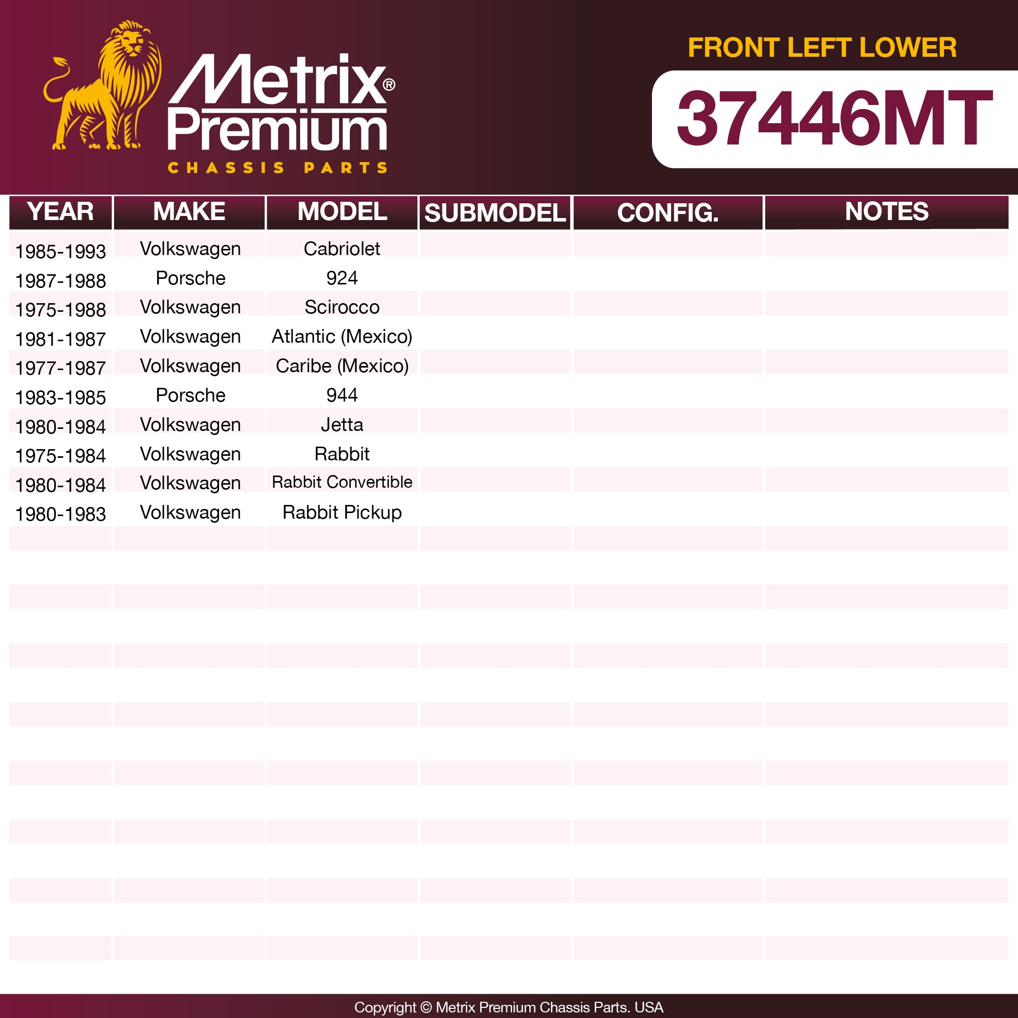 Metrix Premium Chassis Parts Front Left Lower Control Arm and Ball Joint Assembly 37446MT OEM fit auto parts