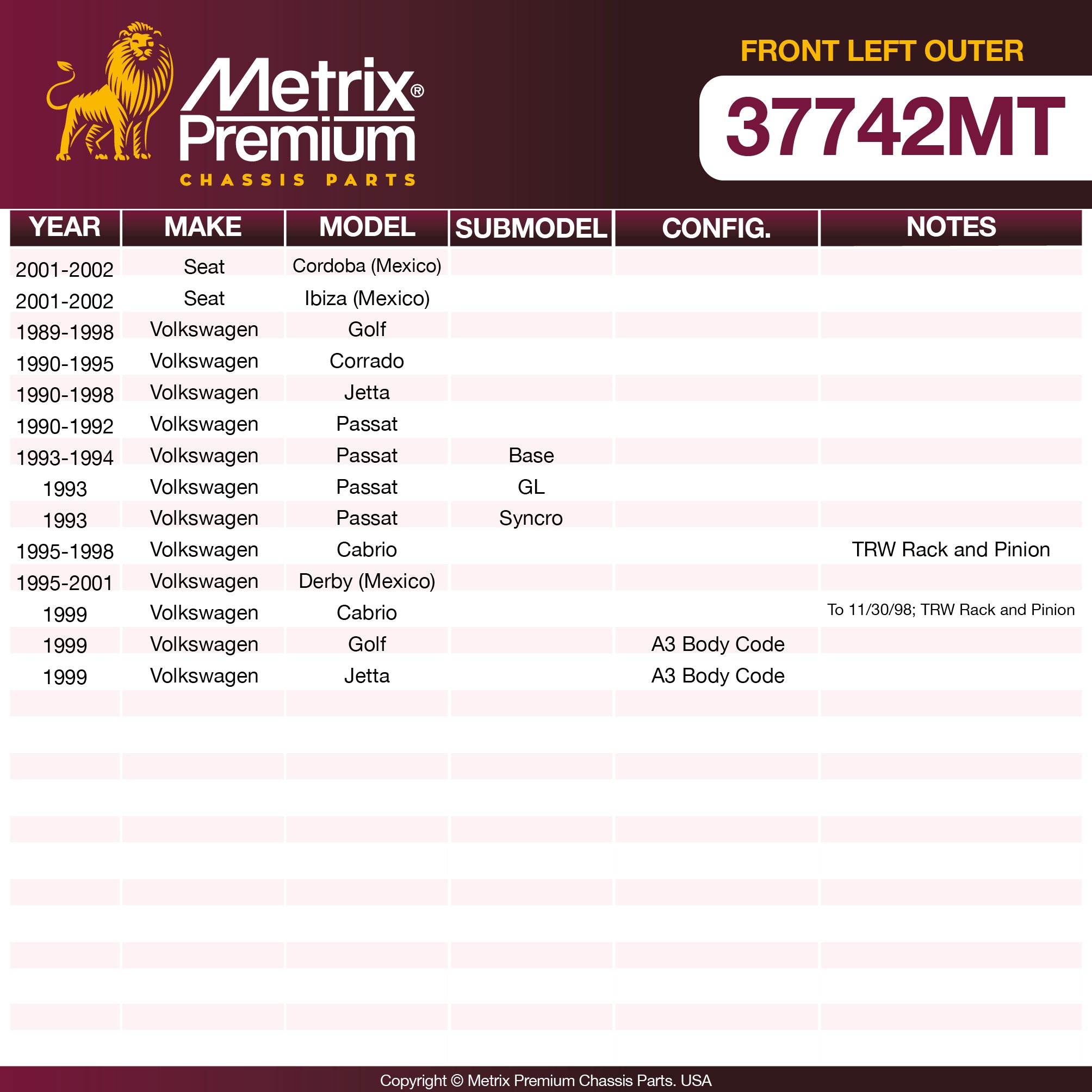 Metrix Premium Chassis Parts Front Left Outer Tie Rod End Kit 37742MT OEM fit auto parts