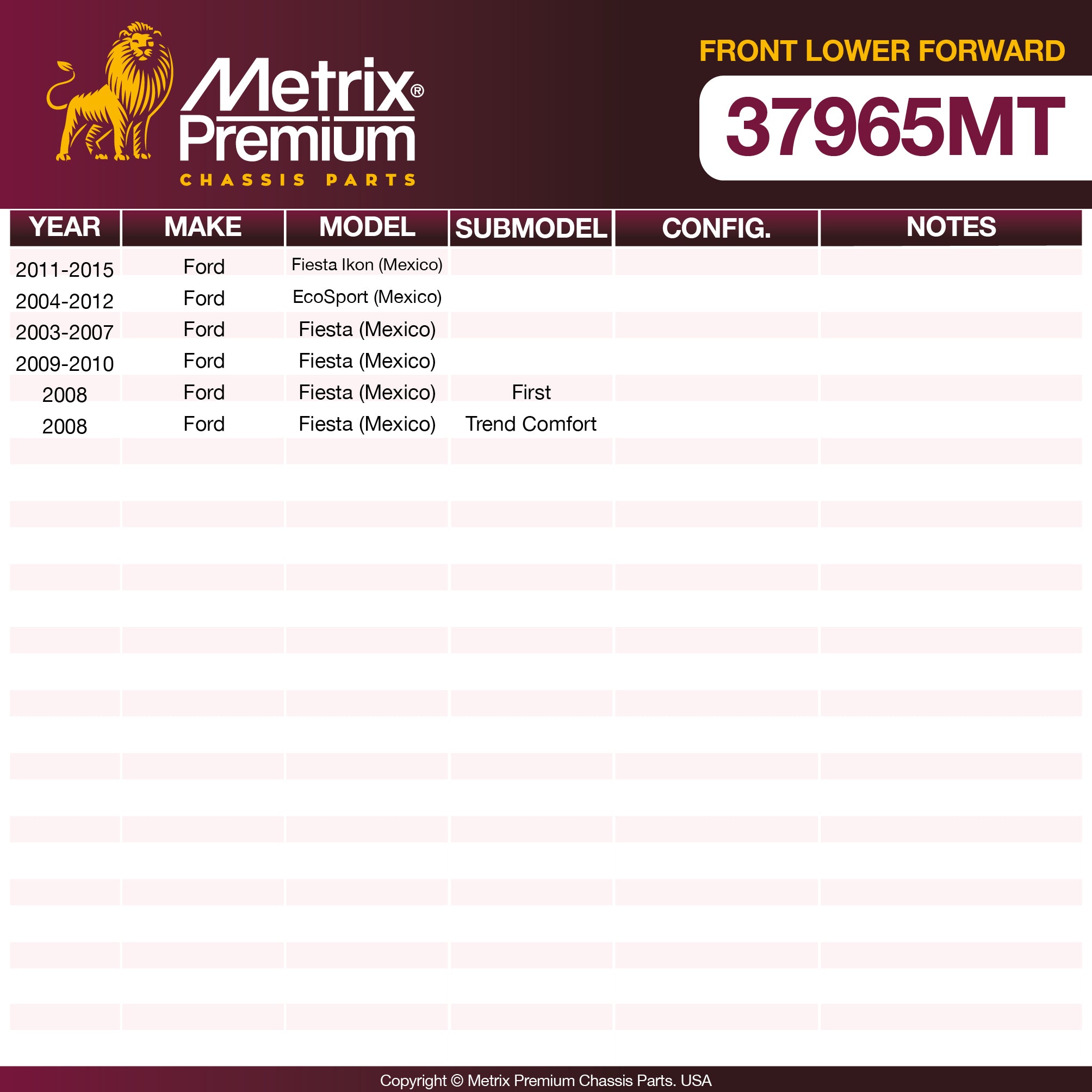 Metrix Premium Chassis Parts Front Lower Forward Axle Support Bushing 37965MT OEM fit auto parts