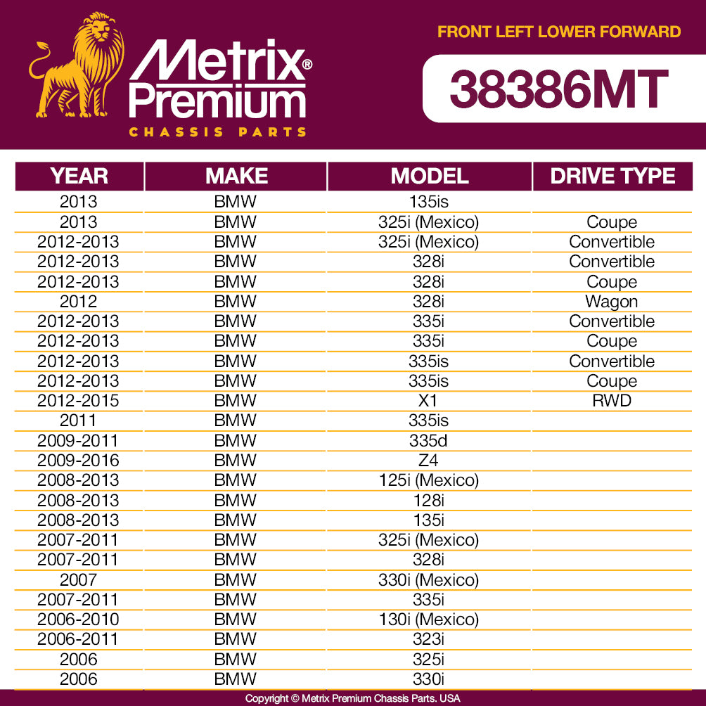 Metrix Premium Front Left Lower Forward Control Arm and Ball Joint Assembly 38386MT OEM fit auto parts fitment compability