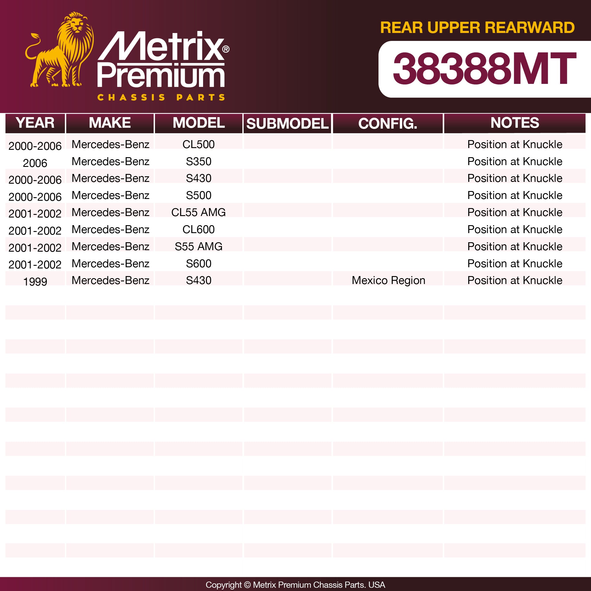 Metrix Premium Chassis Parts Rear Upper Rearward Control Arm 38388MT OEM fit auto parts